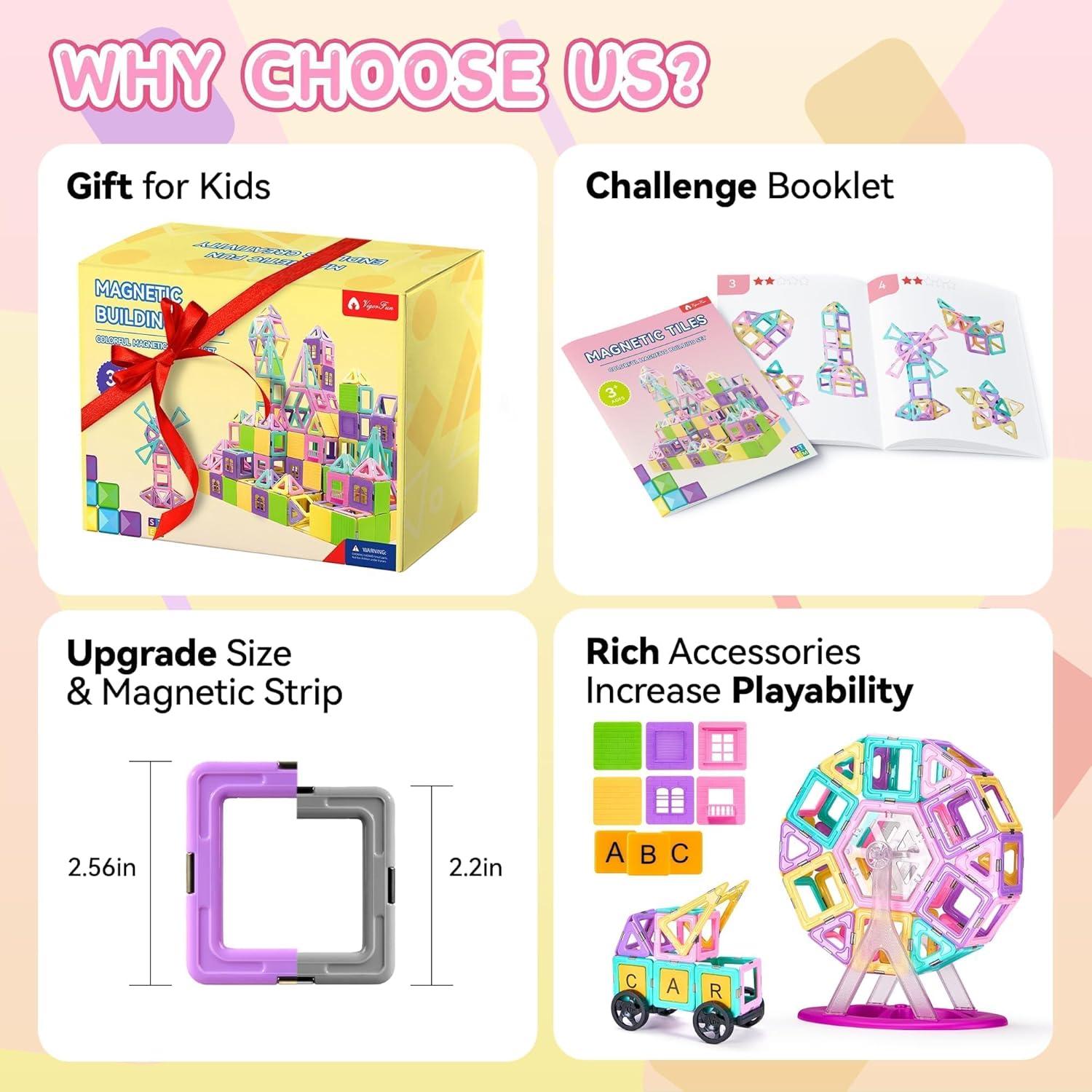 image102 PCS Magnetic Tiles Set Magnet Building Blocks Set with Car for Kids Ages 3 STEM Educational Montessori Learning Construction Toys for 3 4 5 6 7 8  Year Old Toddlers Boys Girls Birthday Gifts165 PCS