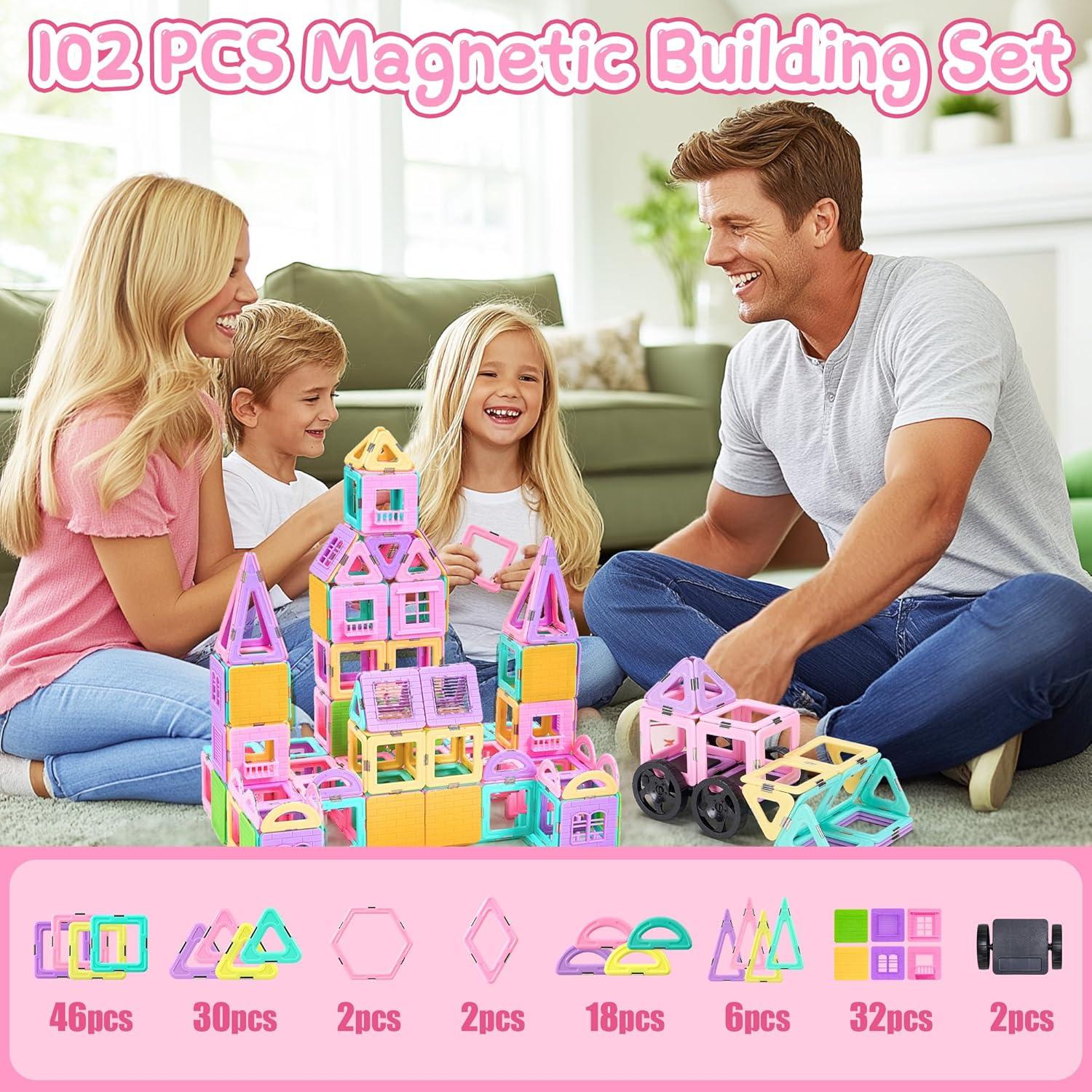 image102 PCS Magnetic Tiles Set Magnet Building Blocks Set with Car for Kids Ages 3 STEM Educational Montessori Learning Construction Toys for 3 4 5 6 7 8  Year Old Toddlers Boys Girls Birthday Gifts102 PCS