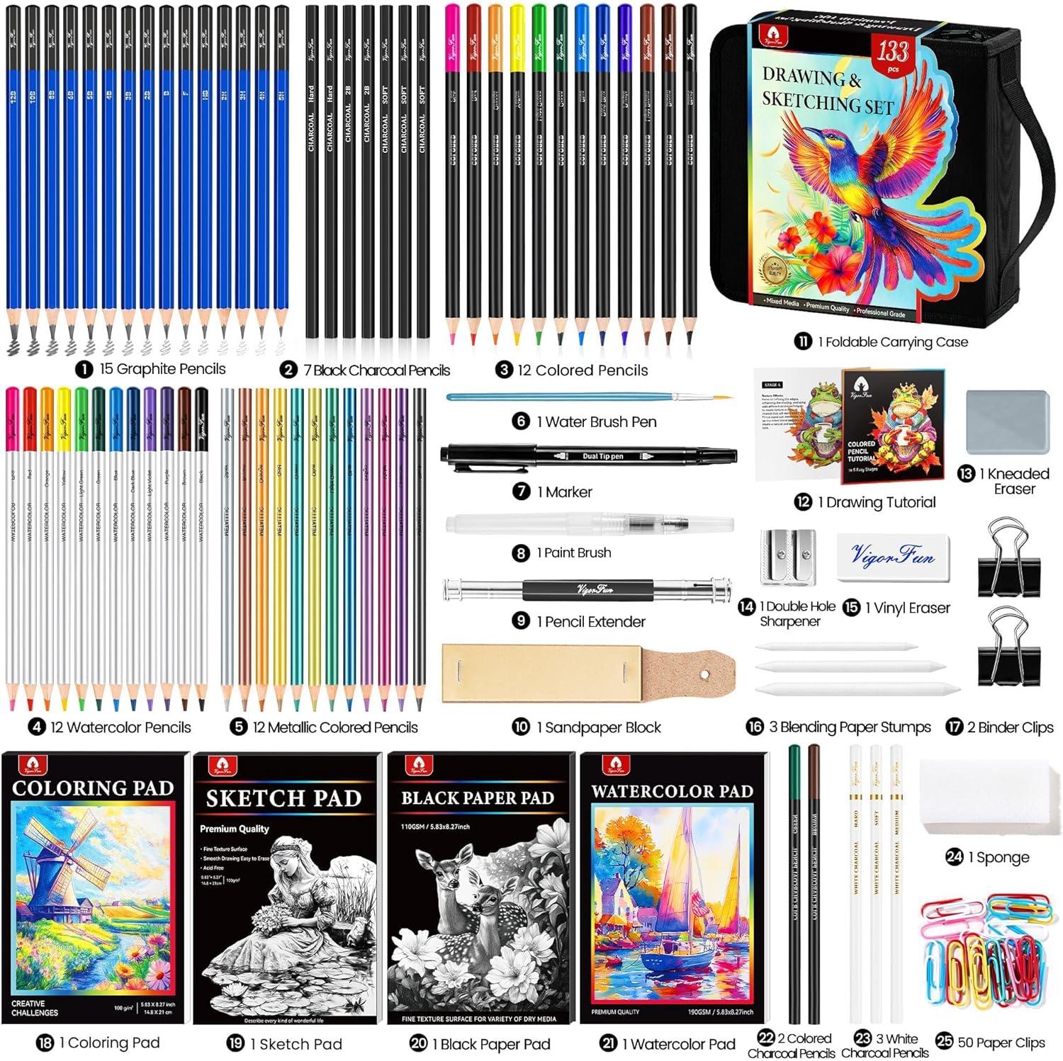 image106 PCS Art Supplies Sketching Kit Pro Drawing Pencils with 3Color Sketchbook Coloring Book Colored Graphite Charcoal Watercolor ampamp Metallic Pencils Drawing Supplies Gifts for Artists Adults KidsBlack