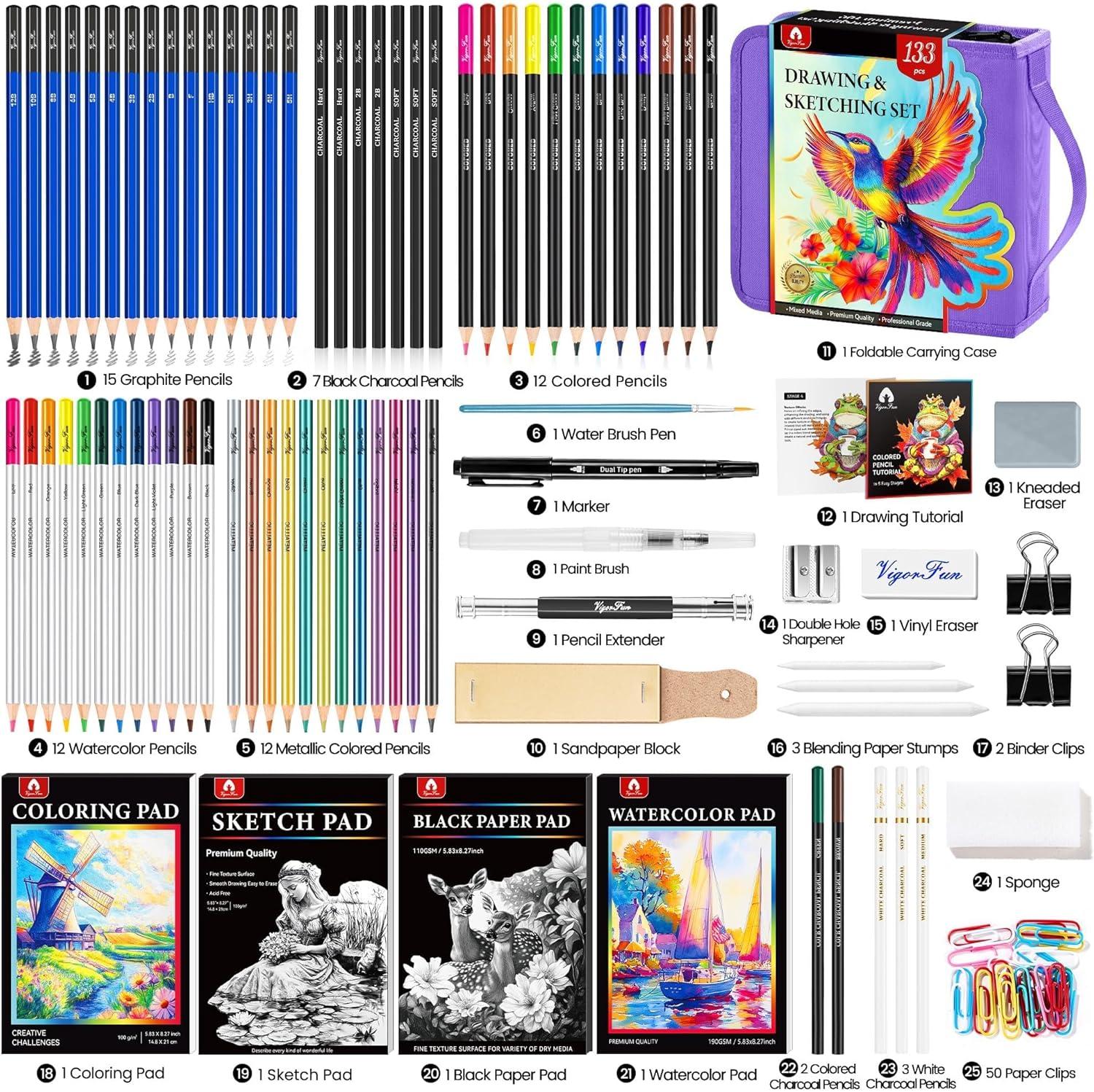 image106 PCS Art Supplies Sketching Kit Pro Drawing Pencils with 3Color Sketchbook Coloring Book Colored Graphite Charcoal Watercolor ampamp Metallic Pencils Drawing Supplies Gifts for Artists Adults KidsPurple