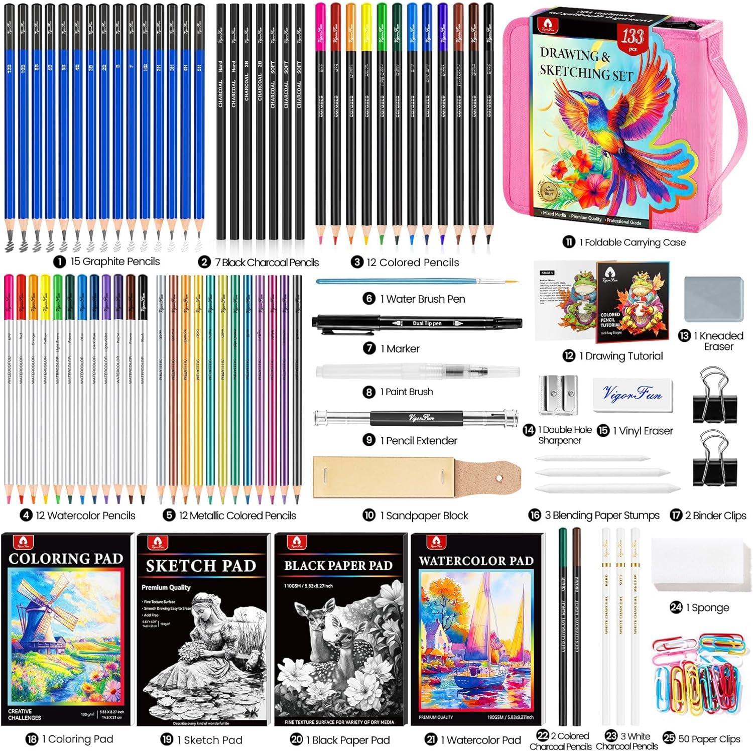 image106 PCS Art Supplies Sketching Kit Pro Drawing Pencils with 3Color Sketchbook Coloring Book Colored Graphite Charcoal Watercolor ampamp Metallic Pencils Drawing Supplies Gifts for Artists Adults KidsPink