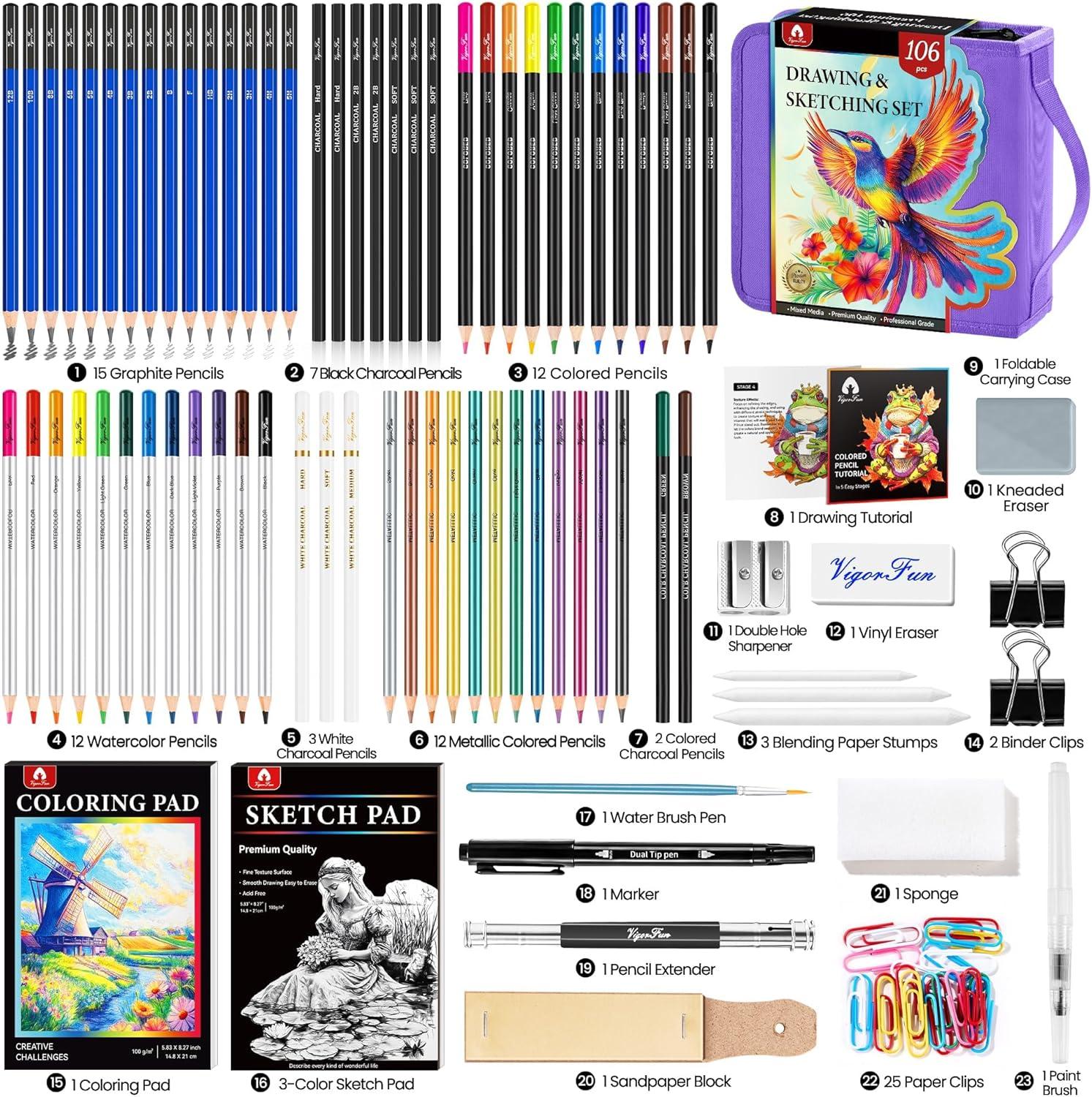 image106 PCS Art Supplies Sketching Kit Pro Drawing Pencils with 3Color Sketchbook Coloring Book Colored Graphite Charcoal Watercolor ampamp Metallic Pencils Drawing Supplies Gifts for Artists Adults KidsPurple