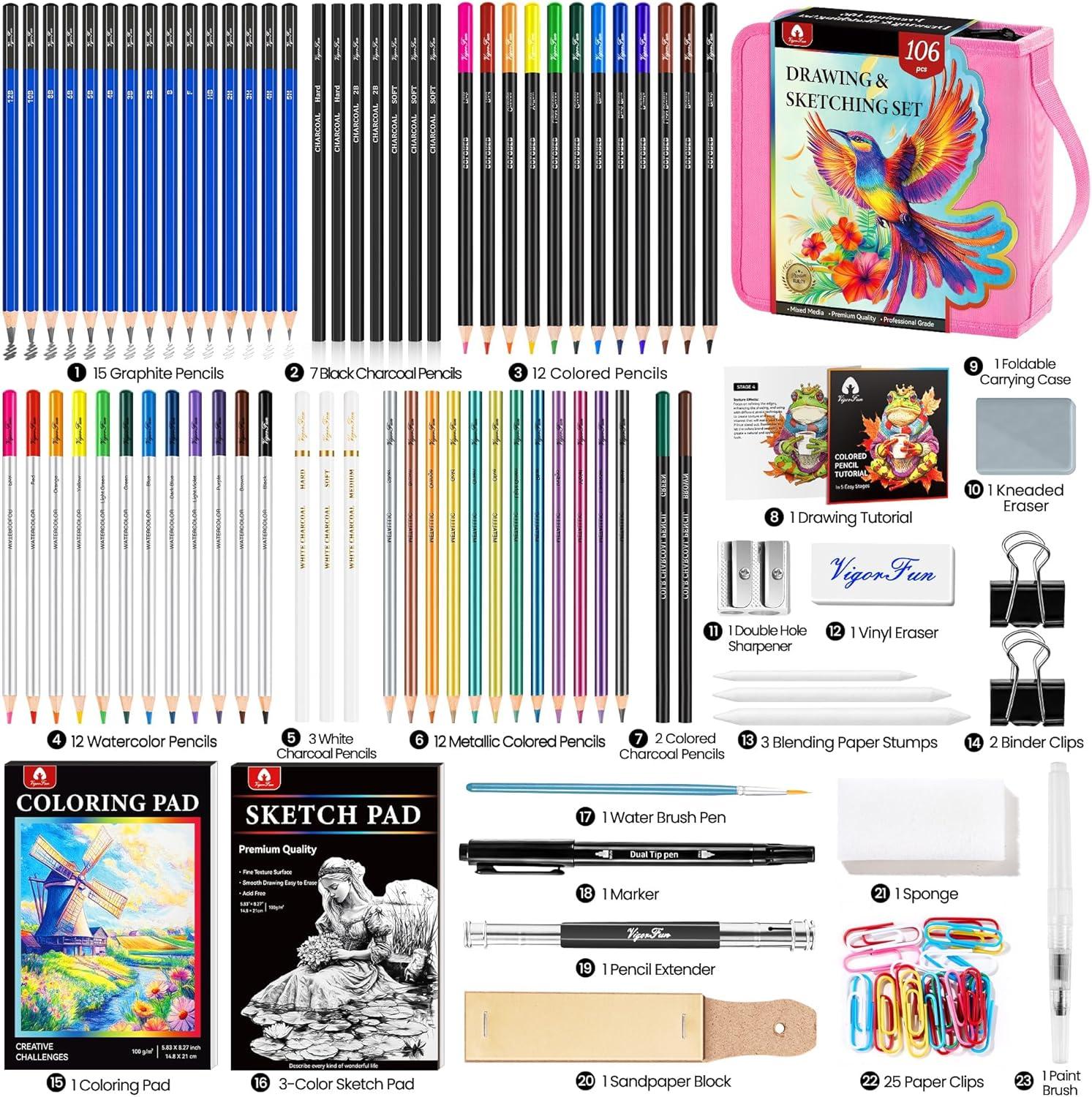 image106 PCS Art Supplies Sketching Kit Pro Drawing Pencils with 3Color Sketchbook Coloring Book Colored Graphite Charcoal Watercolor ampamp Metallic Pencils Drawing Supplies Gifts for Artists Adults KidsPink