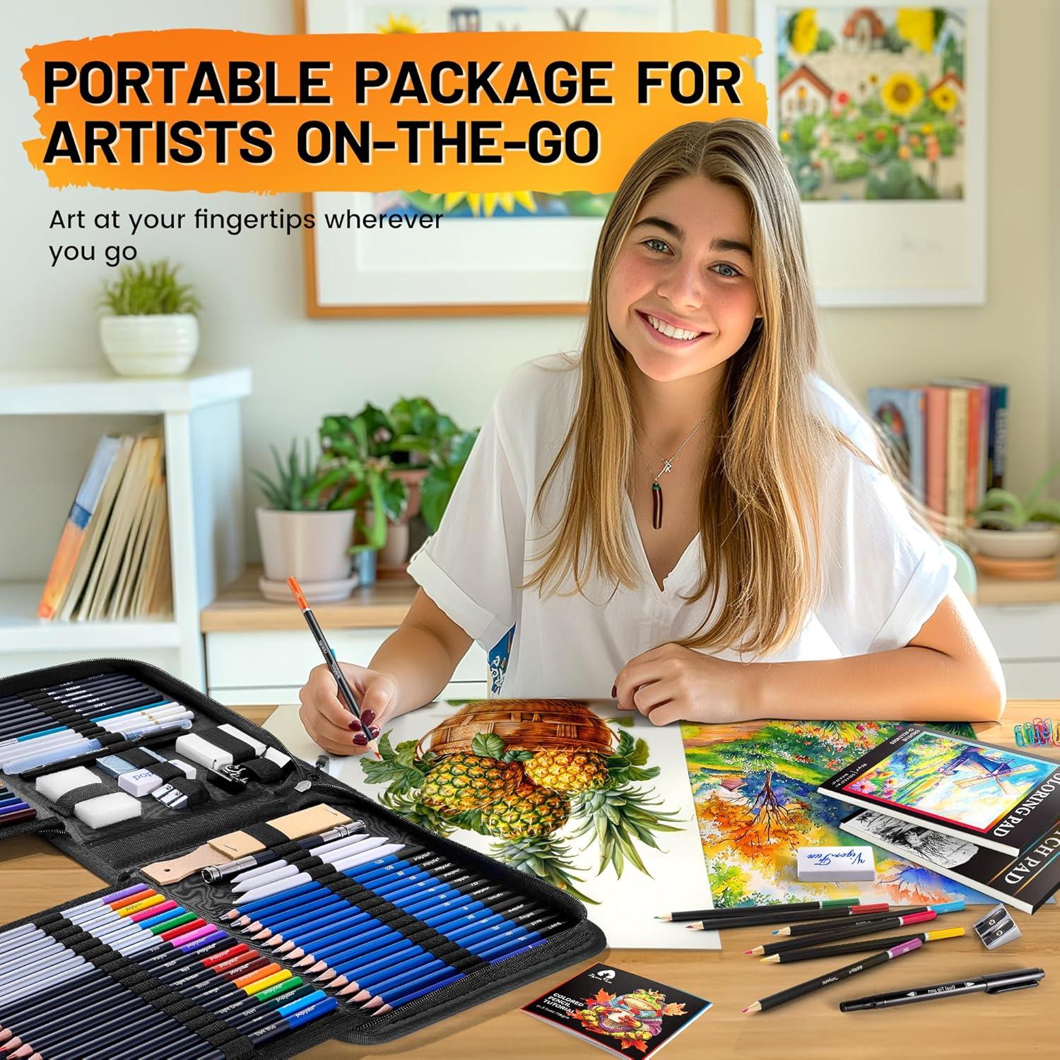 image106 PCS Art Supplies Sketching Kit Pro Drawing Pencils with 3Color Sketchbook Coloring Book Colored Graphite Charcoal Watercolor ampamp Metallic Pencils Drawing Supplies Gifts for Artists Adults KidsBlack