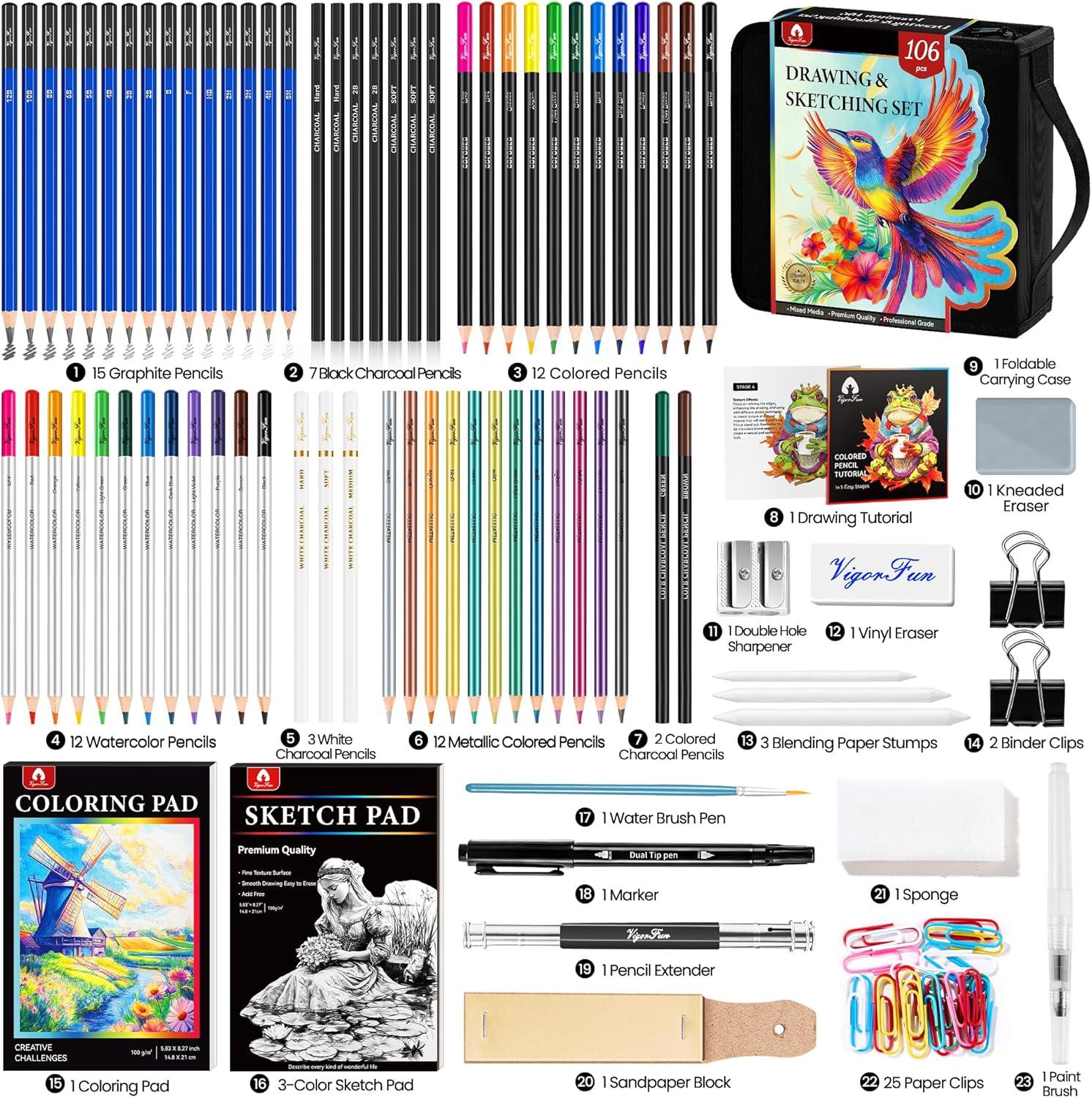 image106 PCS Art Supplies Sketching Kit Pro Drawing Pencils with 3Color Sketchbook Coloring Book Colored Graphite Charcoal Watercolor ampamp Metallic Pencils Drawing Supplies Gifts for Artists Adults KidsBlack