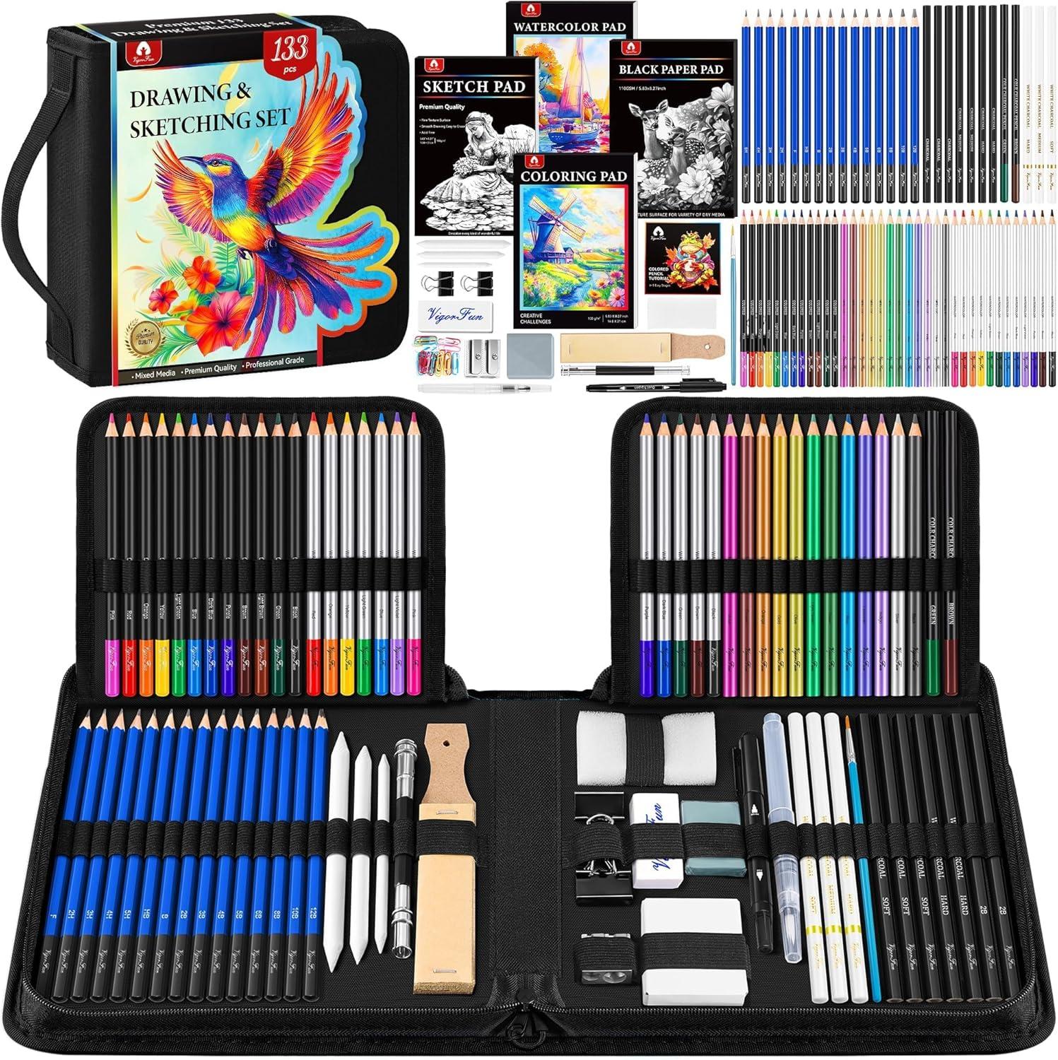 image106 PCS Art Supplies Sketching Kit Pro Drawing Pencils with 3Color Sketchbook Coloring Book Colored Graphite Charcoal Watercolor ampamp Metallic Pencils Drawing Supplies Gifts for Artists Adults KidsBlack