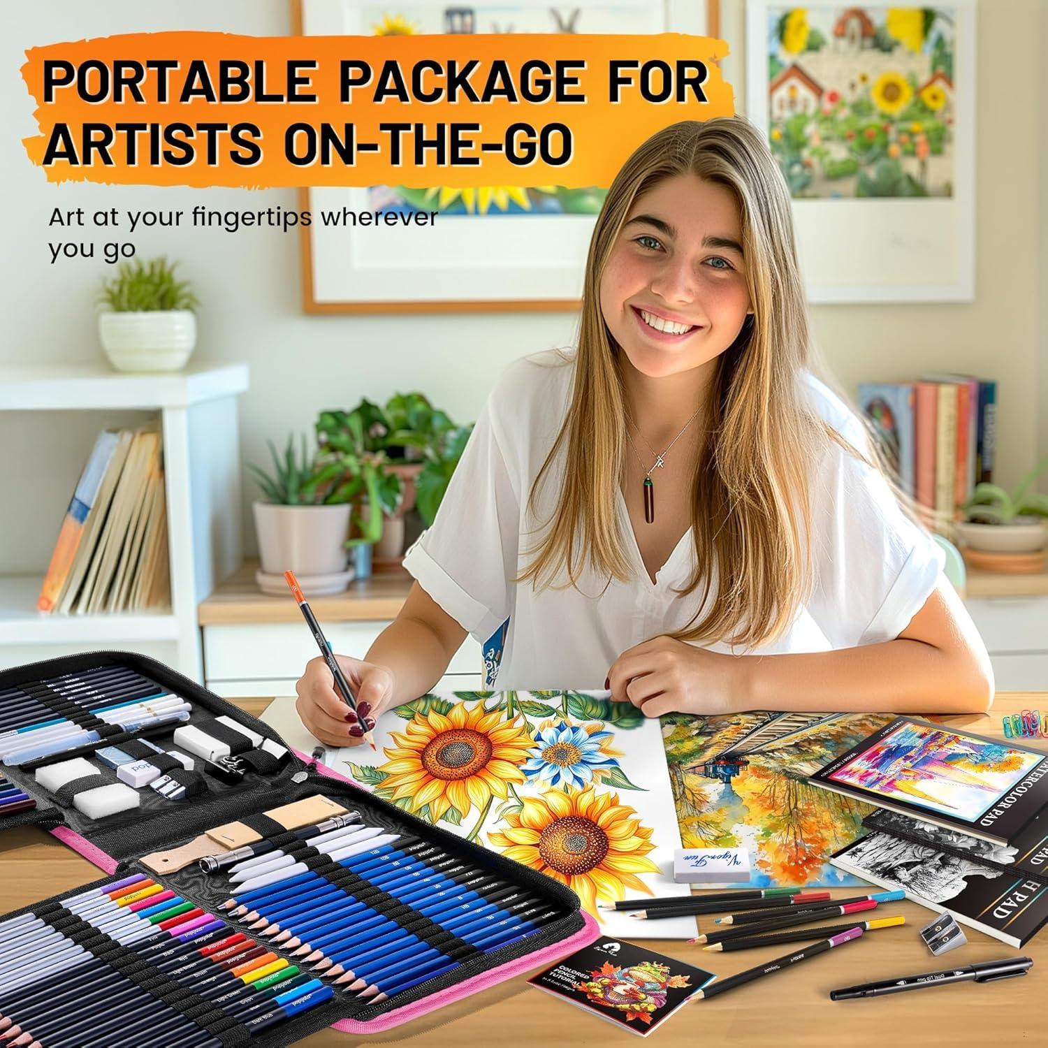 image106 PCS Art Supplies Sketching Kit Pro Drawing Pencils with 3Color Sketchbook Coloring Book Colored Graphite Charcoal Watercolor ampamp Metallic Pencils Drawing Supplies Gifts for Artists Adults KidsPink