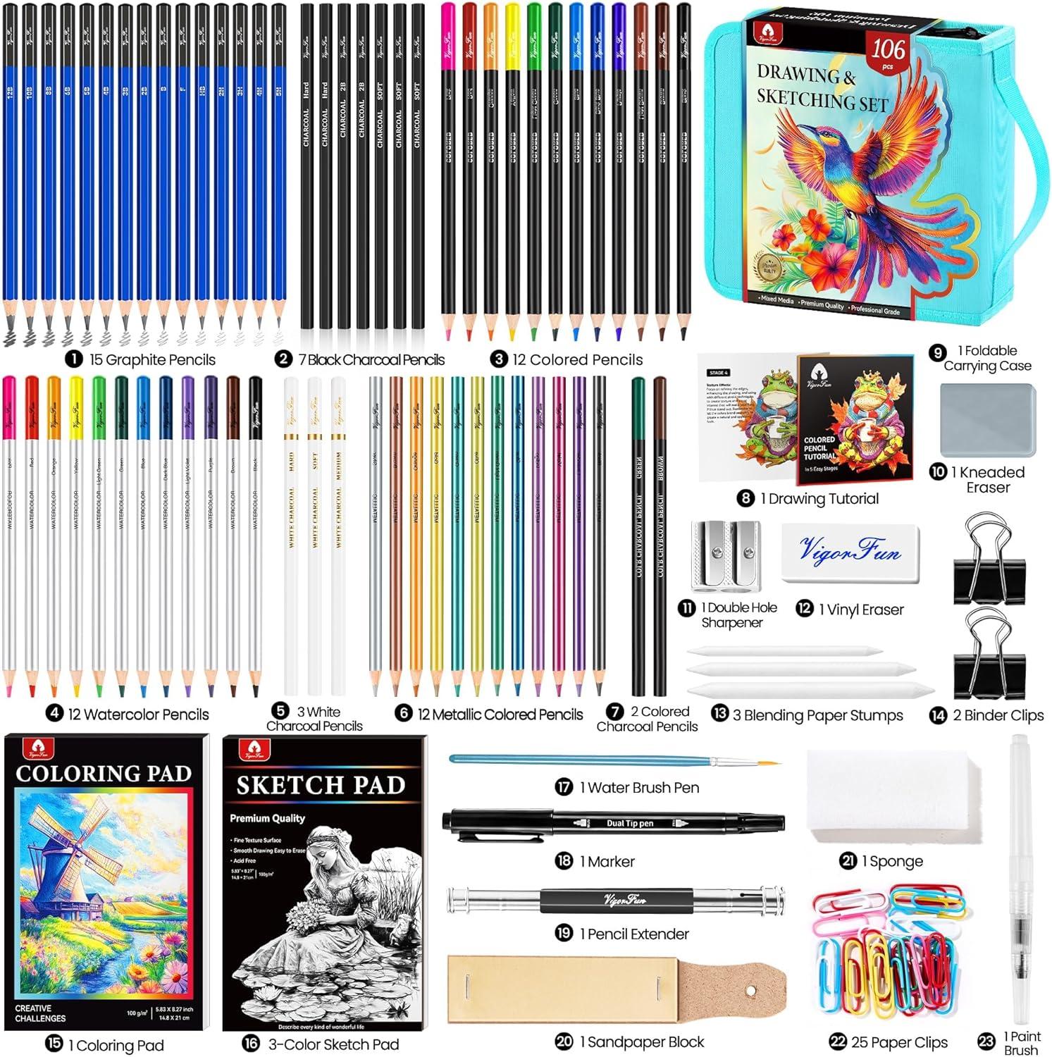 image106 PCS Art Supplies Sketching Kit Pro Drawing Pencils with 3Color Sketchbook Coloring Book Colored Graphite Charcoal Watercolor ampamp Metallic Pencils Drawing Supplies Gifts for Artists Adults KidsGreen