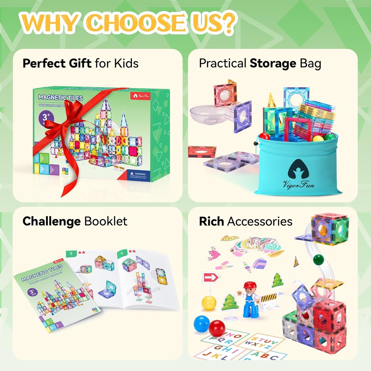 image126Piece Magnetic Tiles Building Blocks Set  STEM Construction Kit with Car Toy Figurines ampamp Stickers Educational Sensory Toys for Kids Ages 38 Creative Gift for Toddlers Boys ampamp GirlsMagnetic Tiles 171pcs