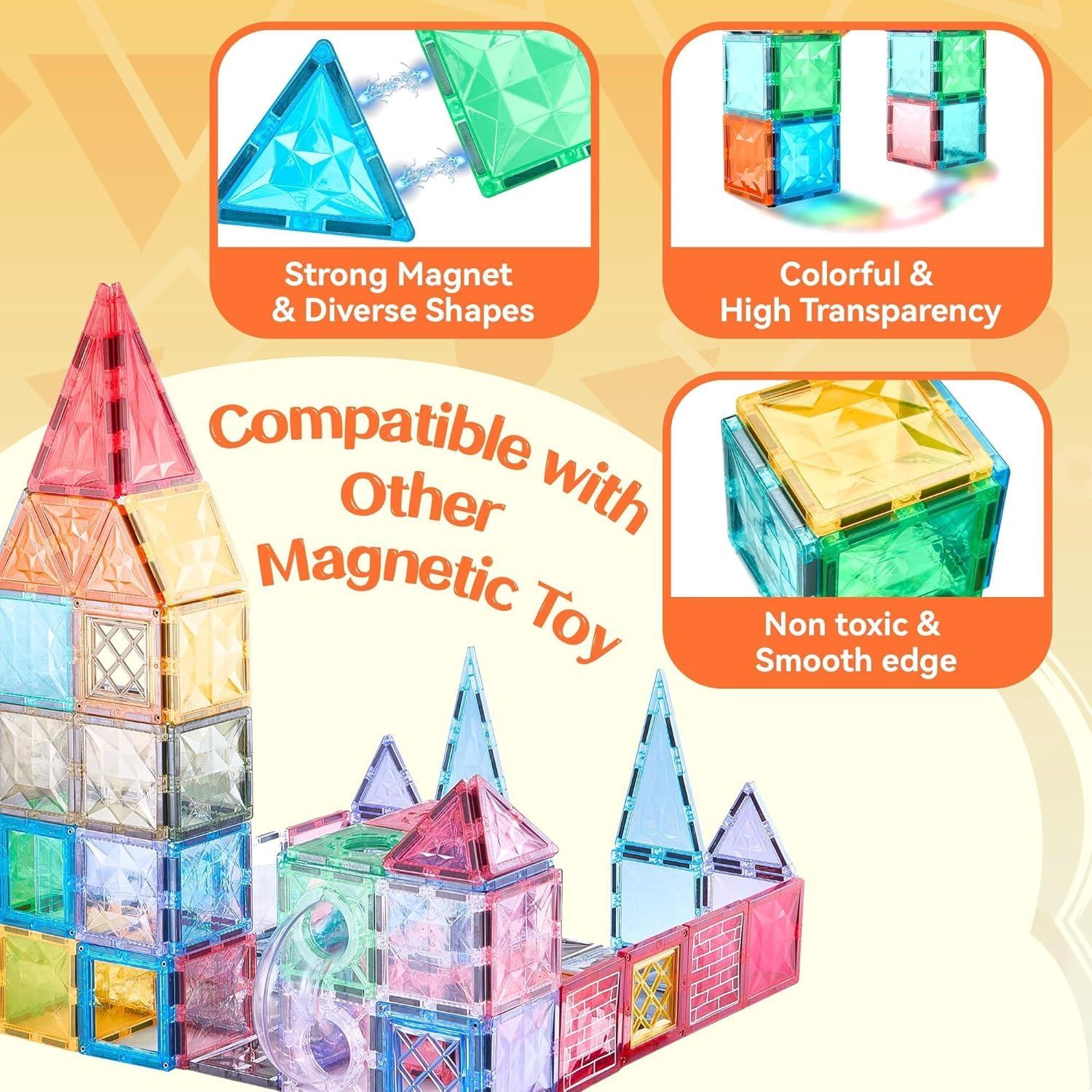 image126Piece Magnetic Tiles Building Blocks Set  STEM Construction Kit with Car Toy Figurines ampamp Stickers Educational Sensory Toys for Kids Ages 38 Creative Gift for Toddlers Boys ampamp GirlsClassical Tiles 126 Pcs