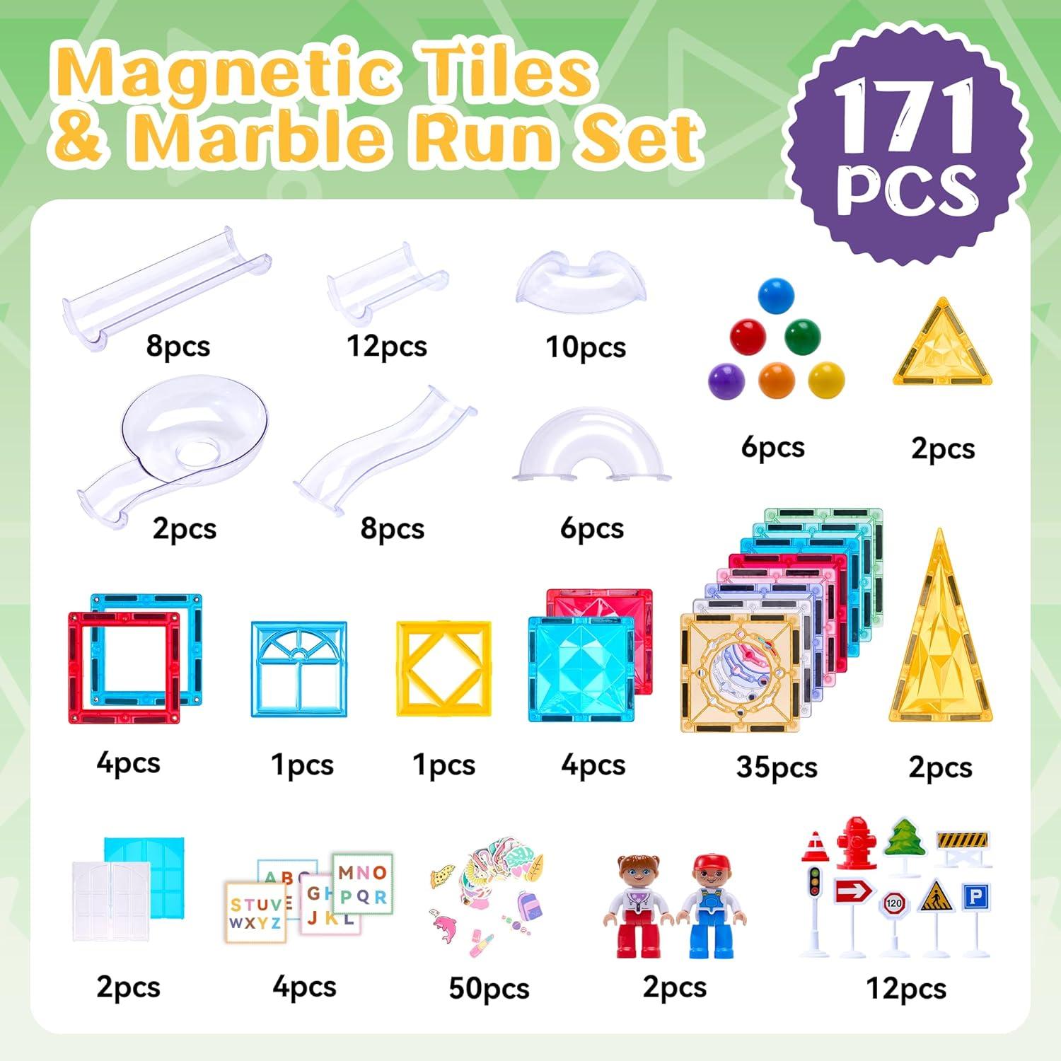 image126Piece Magnetic Tiles Building Blocks Set  STEM Construction Kit with Car Toy Figurines ampamp Stickers Educational Sensory Toys for Kids Ages 38 Creative Gift for Toddlers Boys ampamp GirlsMagnetic Tiles 171pcs