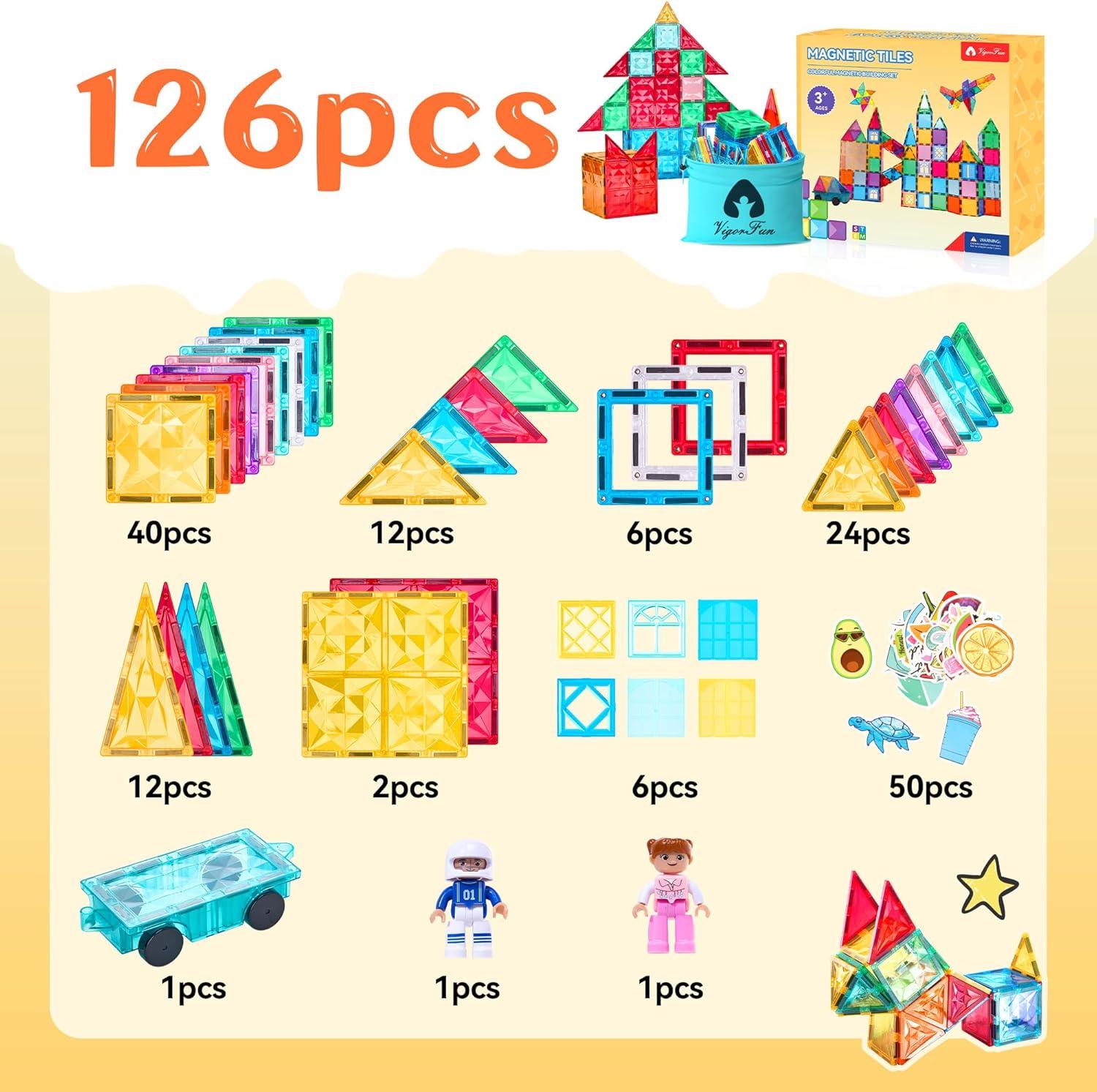 image126Piece Magnetic Tiles Building Blocks Set  STEM Construction Kit with Car Toy Figurines ampamp Stickers Educational Sensory Toys for Kids Ages 38 Creative Gift for Toddlers Boys ampamp GirlsClassical Tiles 126 Pcs