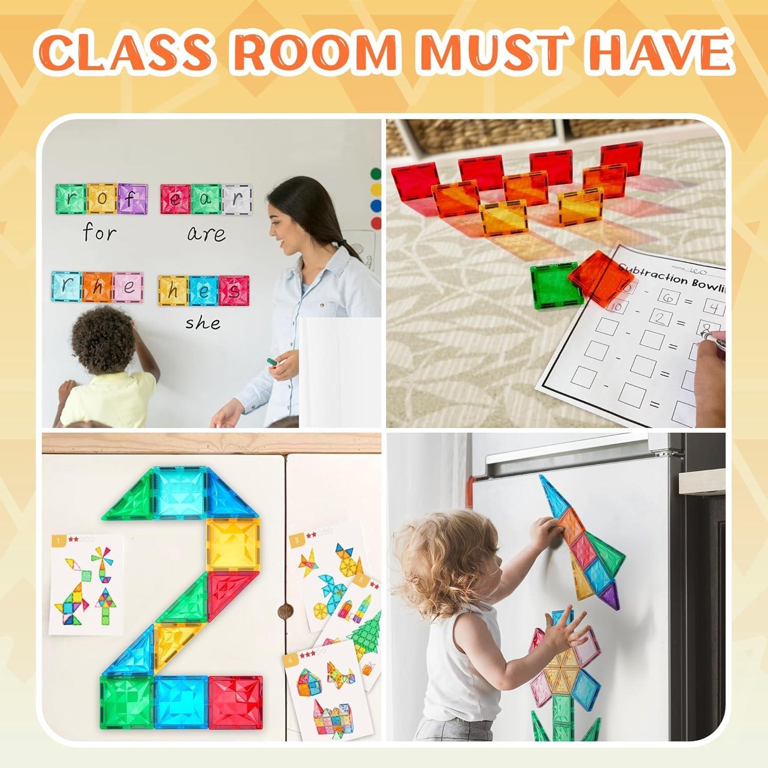 image126Piece Magnetic Tiles Building Blocks Set  STEM Construction Kit with Car Toy Figurines ampamp Stickers Educational Sensory Toys for Kids Ages 38 Creative Gift for Toddlers Boys ampamp GirlsClassical Tiles 126 Pcs