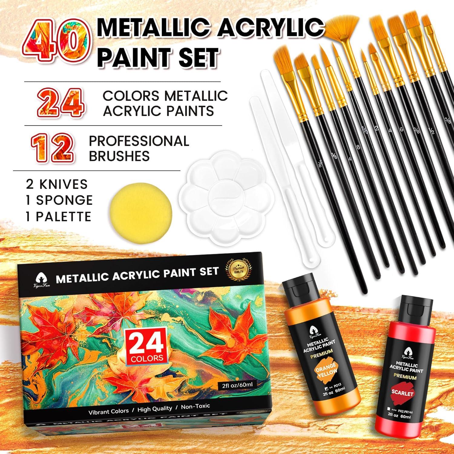 image40 Pcs Iridescent Acrylic Paint Set with 12 Brushes 2 Knives ampamp Palette 24 Colors 2oz60ml  for Adults Kids Artists ampamp Beginners  Canvas Ceramic Rock Wood Egg Painting KitMetallic