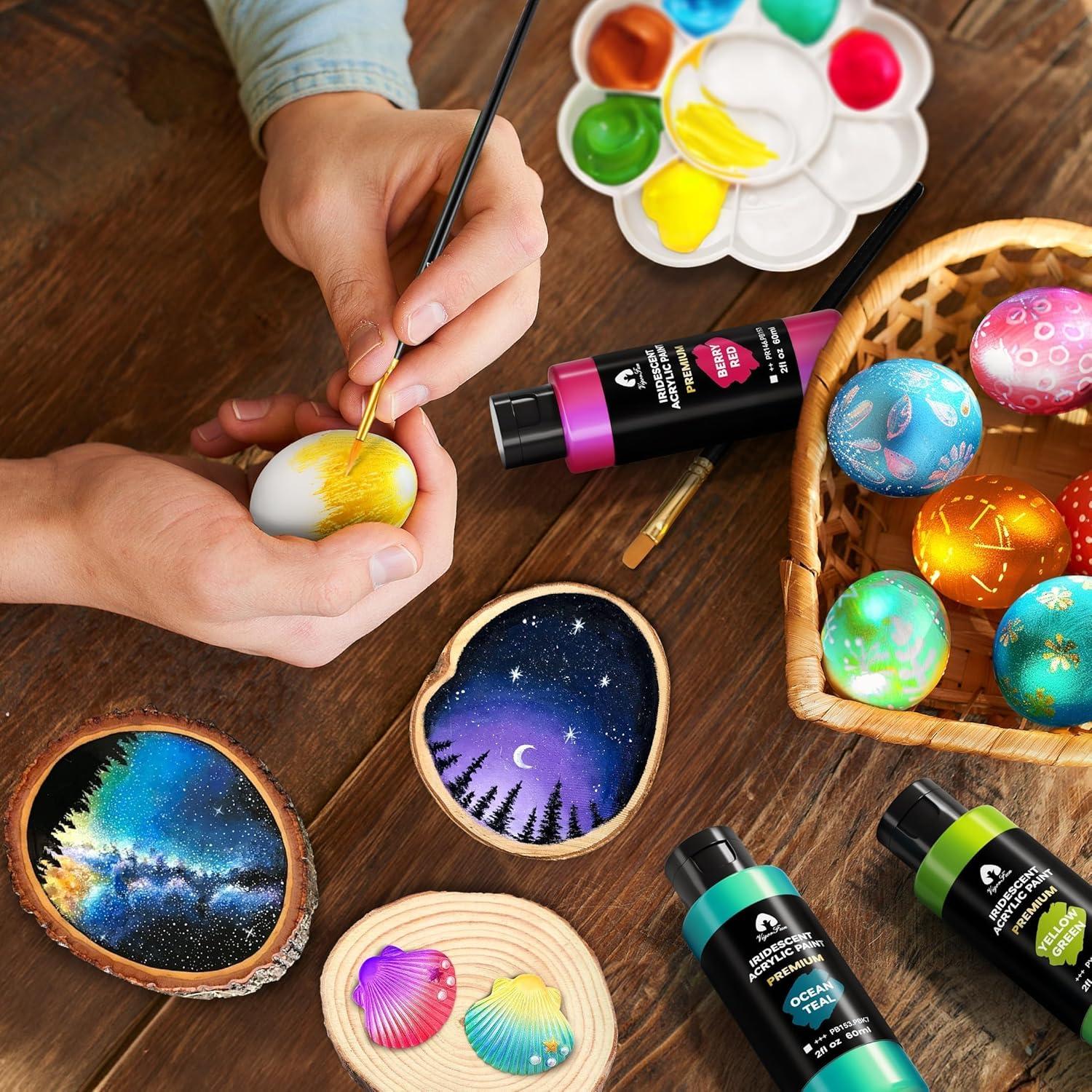 image40 Pcs Iridescent Acrylic Paint Set with 12 Brushes 2 Knives ampamp Palette 24 Colors 2oz60ml  for Adults Kids Artists ampamp Beginners  Canvas Ceramic Rock Wood Egg Painting KitIridescent