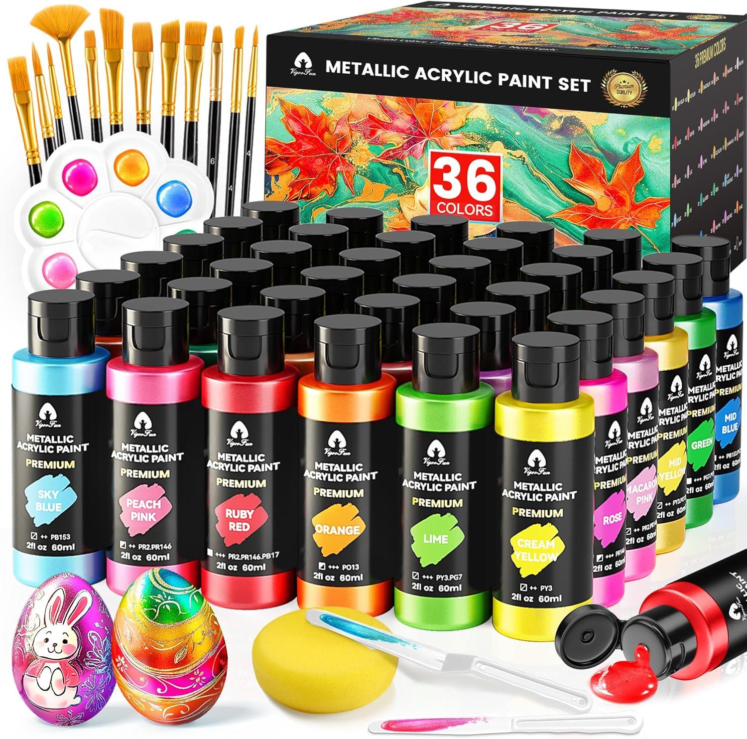 image40 Pcs Iridescent Acrylic Paint Set with 12 Brushes 2 Knives ampamp Palette 24 Colors 2oz60ml  for Adults Kids Artists ampamp Beginners  Canvas Ceramic Rock Wood Egg Painting KitMetallic