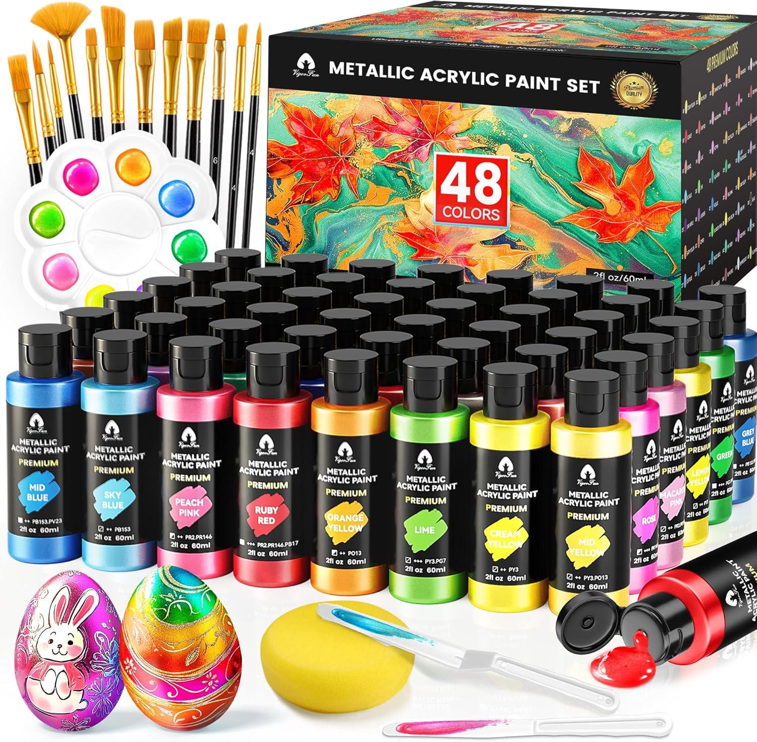 image40 Pcs Iridescent Acrylic Paint Set with 12 Brushes 2 Knives ampamp Palette 24 Colors 2oz60ml  for Adults Kids Artists ampamp Beginners  Canvas Ceramic Rock Wood Egg Painting KitMetallic