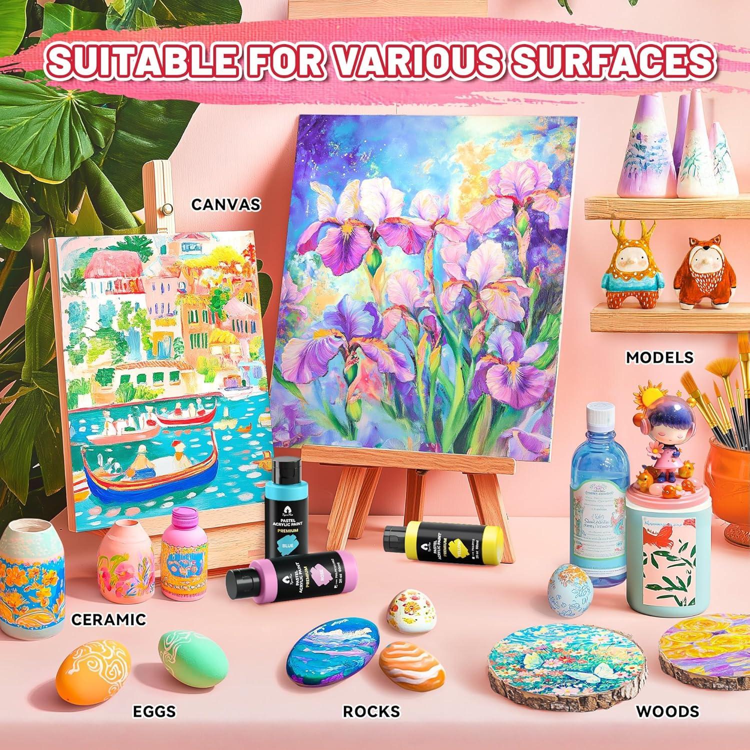 image40 Pcs Iridescent Acrylic Paint Set with 12 Brushes 2 Knives ampamp Palette 24 Colors 2oz60ml  for Adults Kids Artists ampamp Beginners  Canvas Ceramic Rock Wood Egg Painting KitPastel