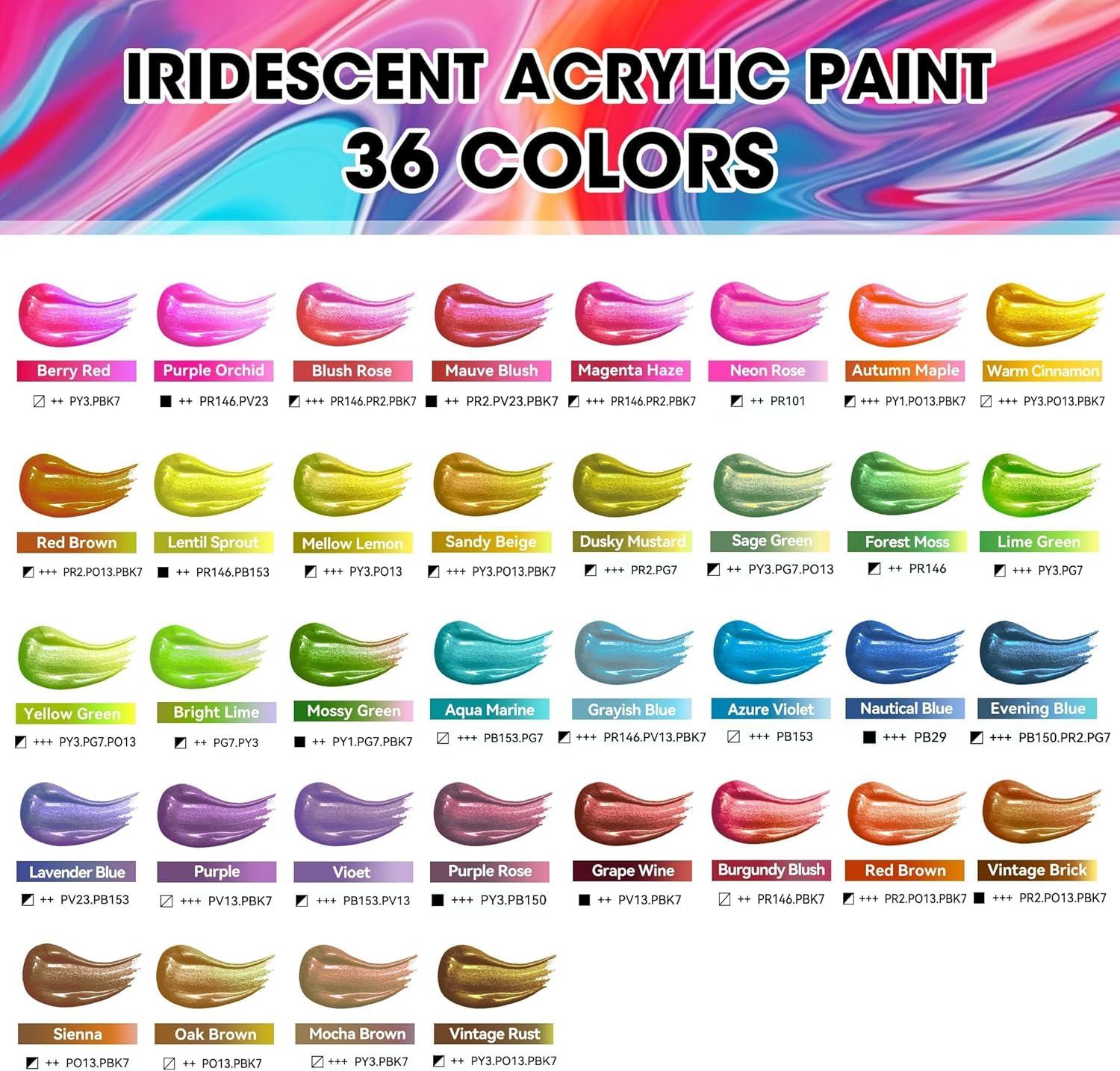 image40 Pcs Iridescent Acrylic Paint Set with 12 Brushes 2 Knives ampamp Palette 24 Colors 2oz60ml  for Adults Kids Artists ampamp Beginners  Canvas Ceramic Rock Wood Egg Painting KitIridescent
