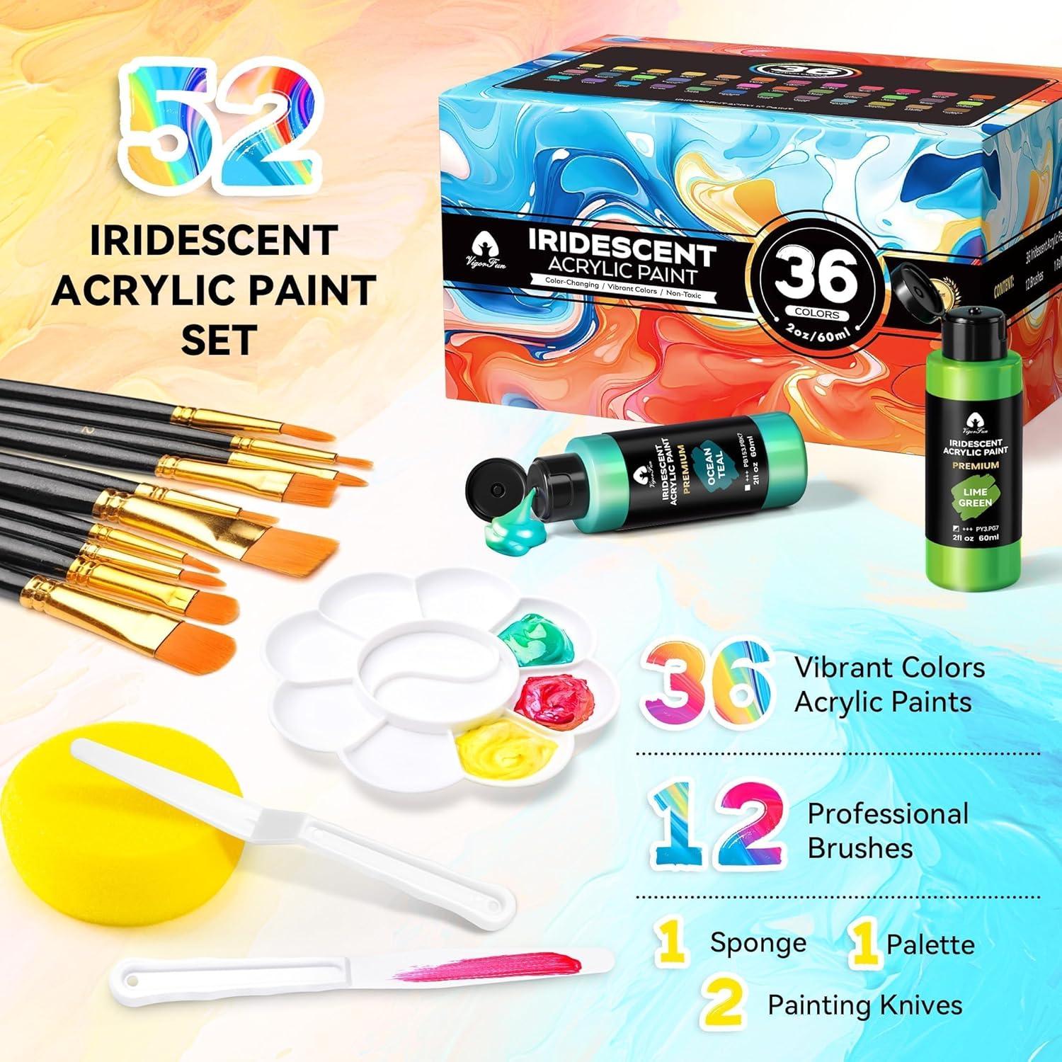 image40 Pcs Iridescent Acrylic Paint Set with 12 Brushes 2 Knives ampamp Palette 24 Colors 2oz60ml  for Adults Kids Artists ampamp Beginners  Canvas Ceramic Rock Wood Egg Painting KitIridescent