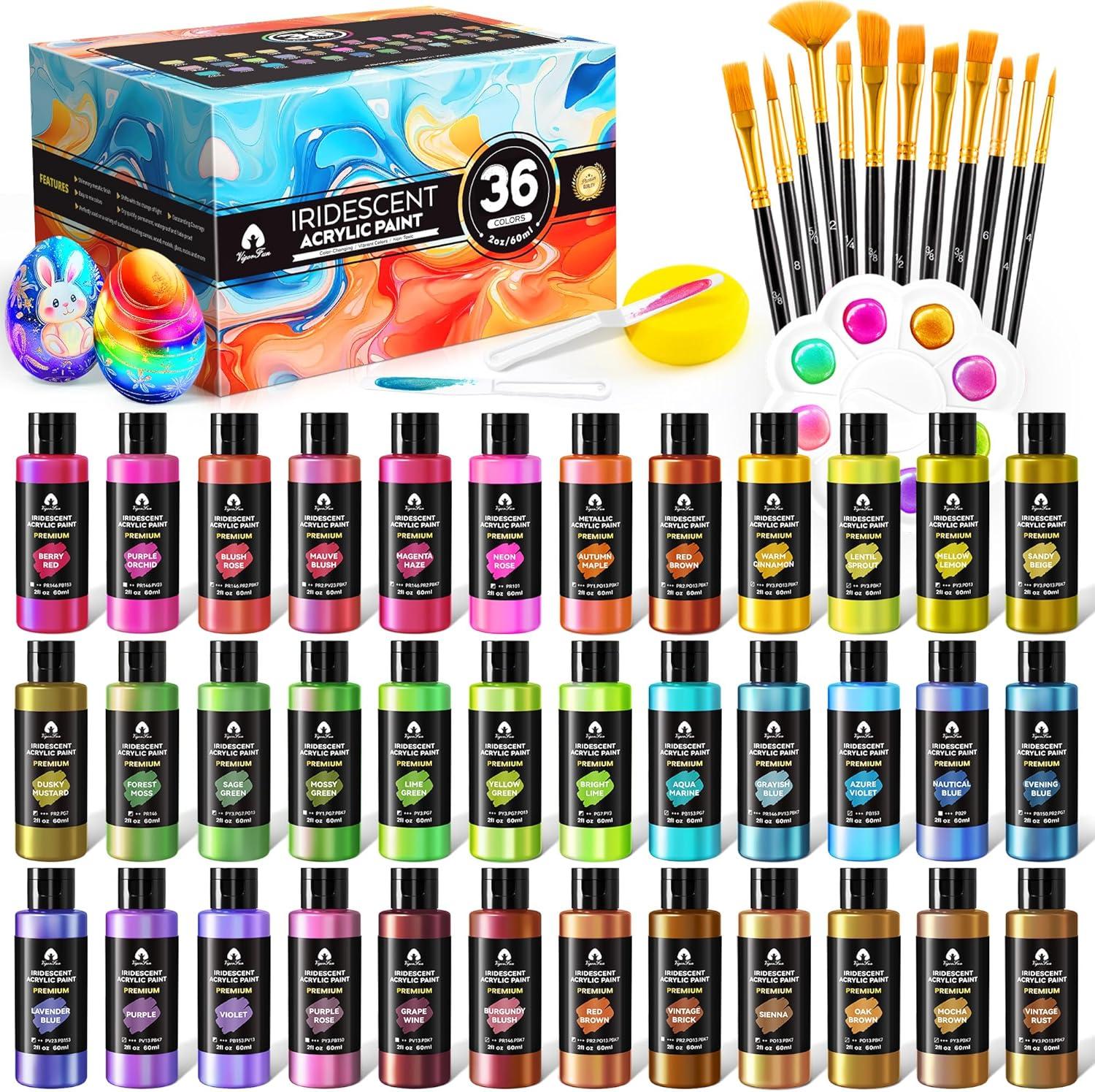 image40 Pcs Iridescent Acrylic Paint Set with 12 Brushes 2 Knives ampamp Palette 24 Colors 2oz60ml  for Adults Kids Artists ampamp Beginners  Canvas Ceramic Rock Wood Egg Painting KitIridescent