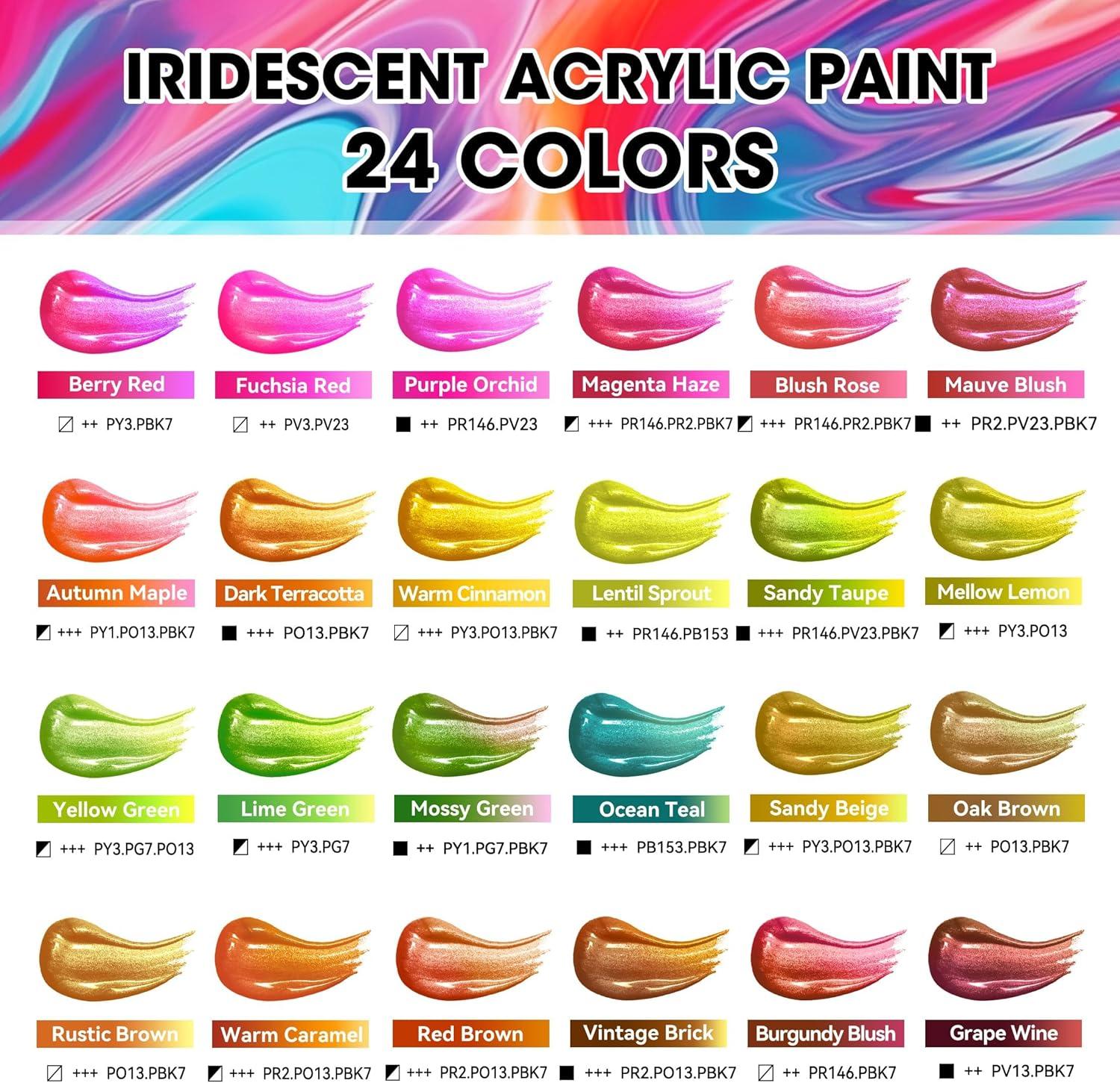 image40 Pcs Iridescent Acrylic Paint Set with 12 Brushes 2 Knives ampamp Palette 24 Colors 2oz60ml  for Adults Kids Artists ampamp Beginners  Canvas Ceramic Rock Wood Egg Painting KitIridescent