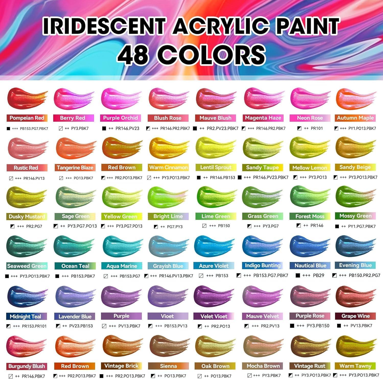 image40 Pcs Iridescent Acrylic Paint Set with 12 Brushes 2 Knives ampamp Palette 24 Colors 2oz60ml  for Adults Kids Artists ampamp Beginners  Canvas Ceramic Rock Wood Egg Painting KitIridescent