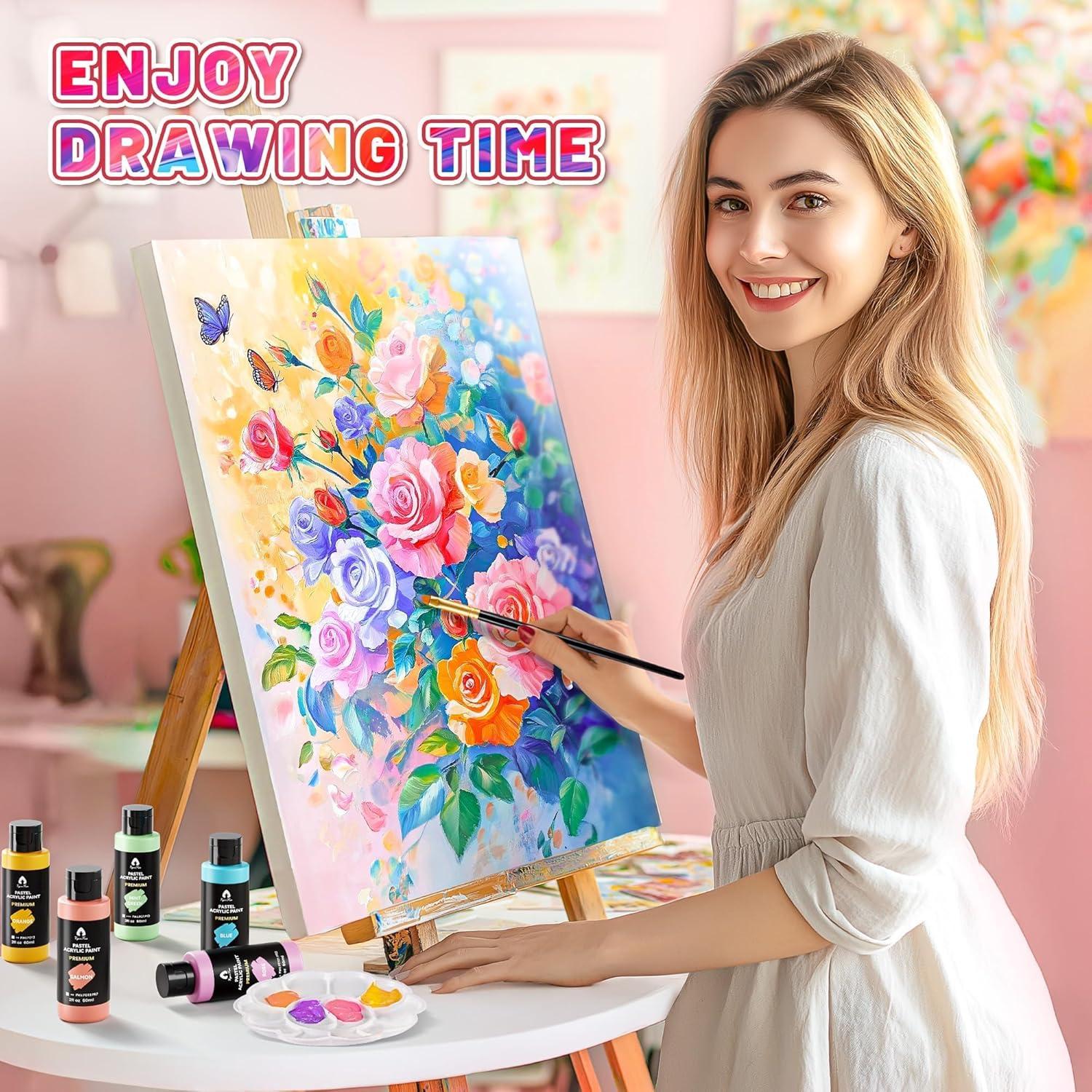 image40 Pcs Iridescent Acrylic Paint Set with 12 Brushes 2 Knives ampamp Palette 24 Colors 2oz60ml  for Adults Kids Artists ampamp Beginners  Canvas Ceramic Rock Wood Egg Painting KitPastel