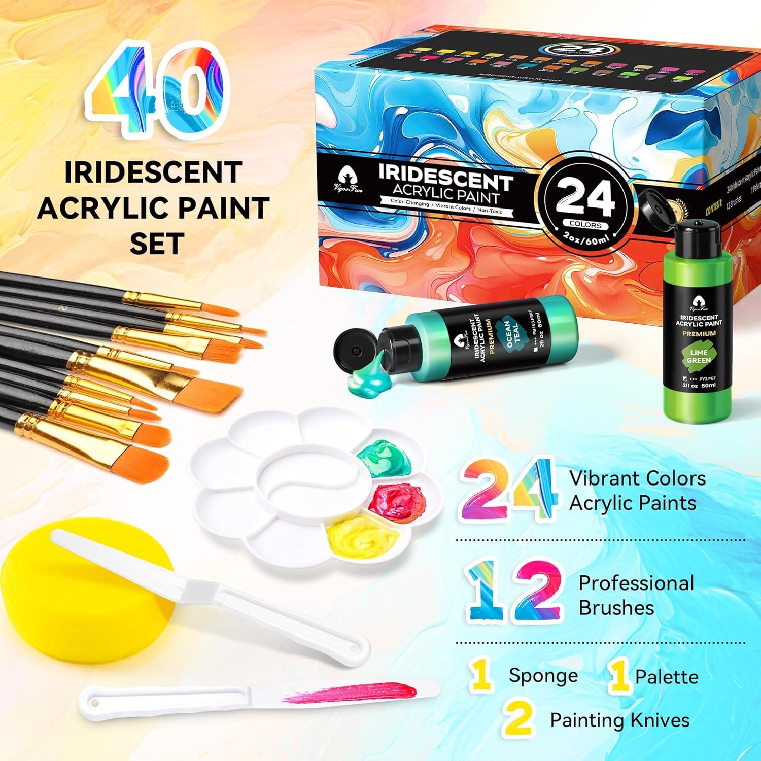 image40 Pcs Iridescent Acrylic Paint Set with 12 Brushes 2 Knives ampamp Palette 24 Colors 2oz60ml  for Adults Kids Artists ampamp Beginners  Canvas Ceramic Rock Wood Egg Painting KitIridescent