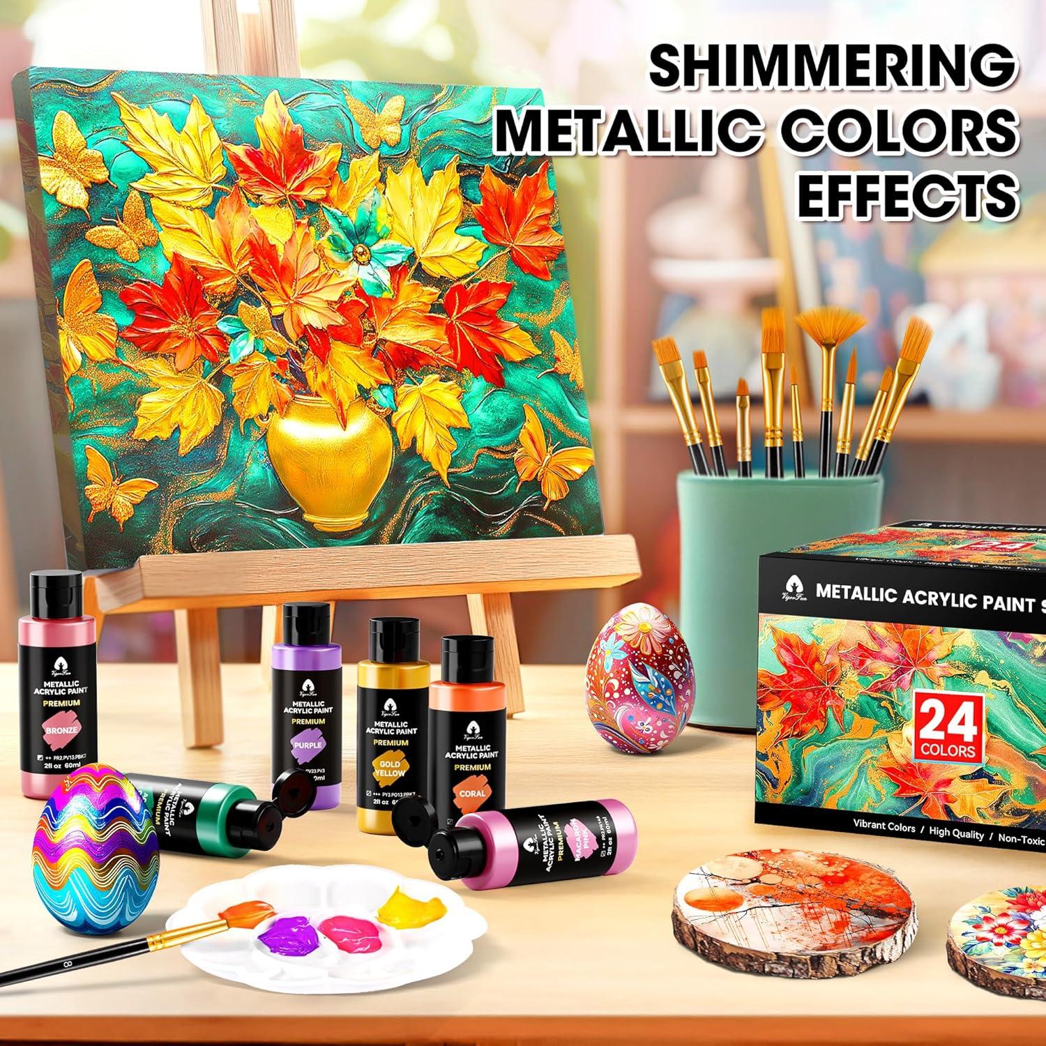 image40 Pcs Iridescent Acrylic Paint Set with 12 Brushes 2 Knives ampamp Palette 24 Colors 2oz60ml  for Adults Kids Artists ampamp Beginners  Canvas Ceramic Rock Wood Egg Painting KitMetallic