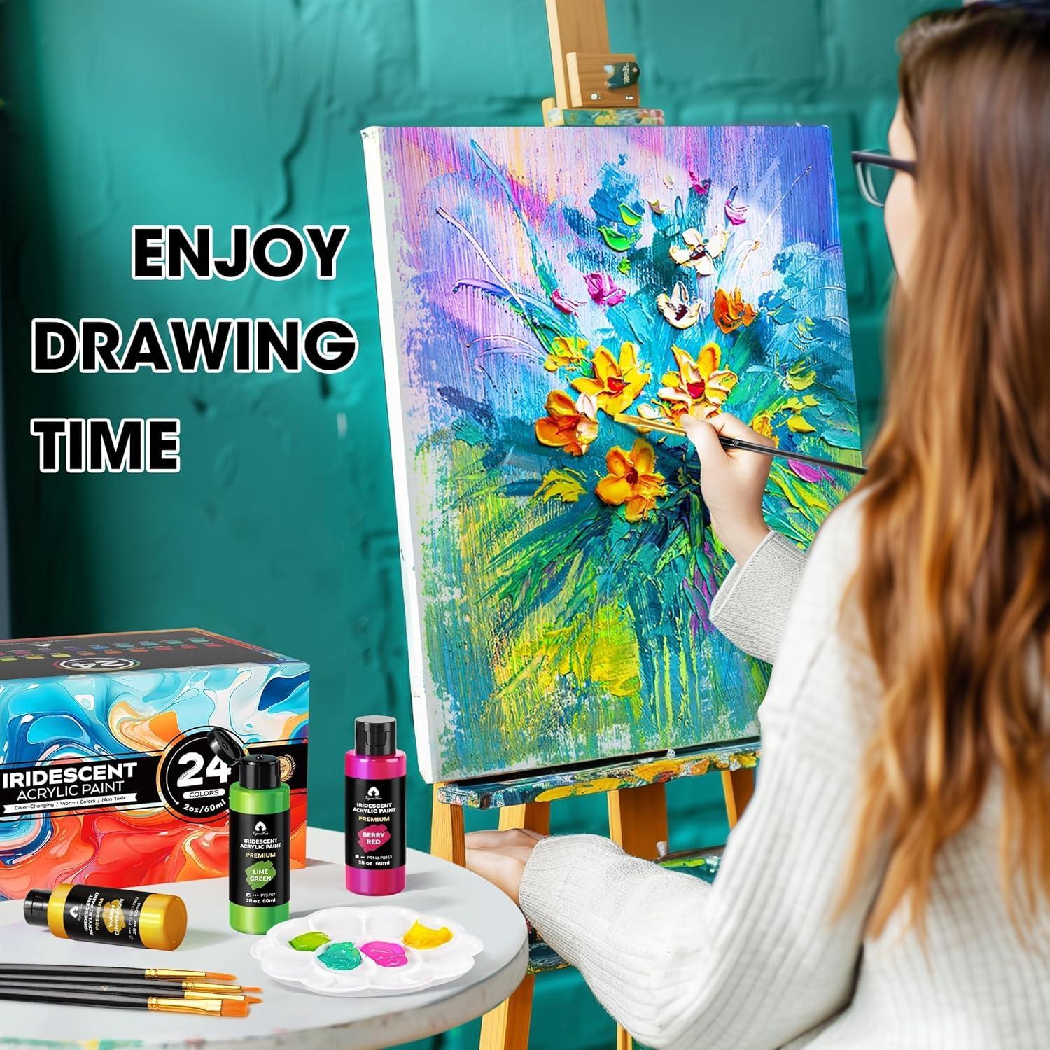 image40 Pcs Iridescent Acrylic Paint Set with 12 Brushes 2 Knives ampamp Palette 24 Colors 2oz60ml  for Adults Kids Artists ampamp Beginners  Canvas Ceramic Rock Wood Egg Painting KitIridescent