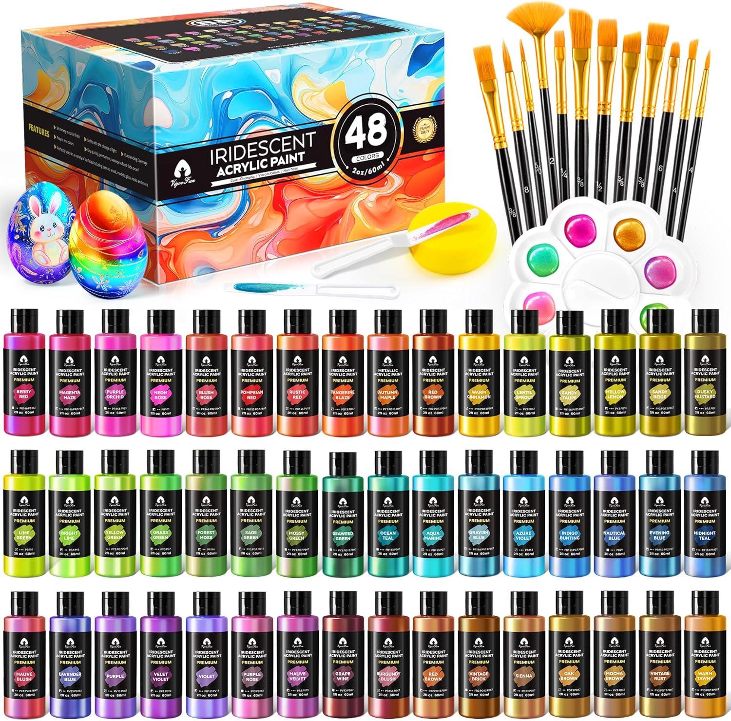 image40 Pcs Iridescent Acrylic Paint Set with 12 Brushes 2 Knives ampamp Palette 24 Colors 2oz60ml  for Adults Kids Artists ampamp Beginners  Canvas Ceramic Rock Wood Egg Painting KitIridescent
