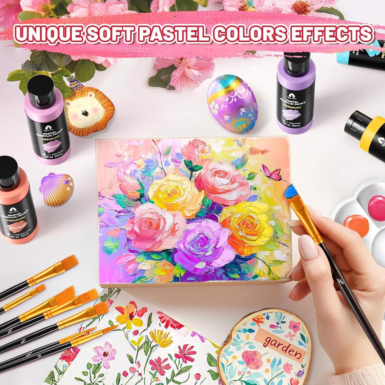 image40 Pcs Iridescent Acrylic Paint Set with 12 Brushes 2 Knives ampamp Palette 24 Colors 2oz60ml  for Adults Kids Artists ampamp Beginners  Canvas Ceramic Rock Wood Egg Painting KitPastel