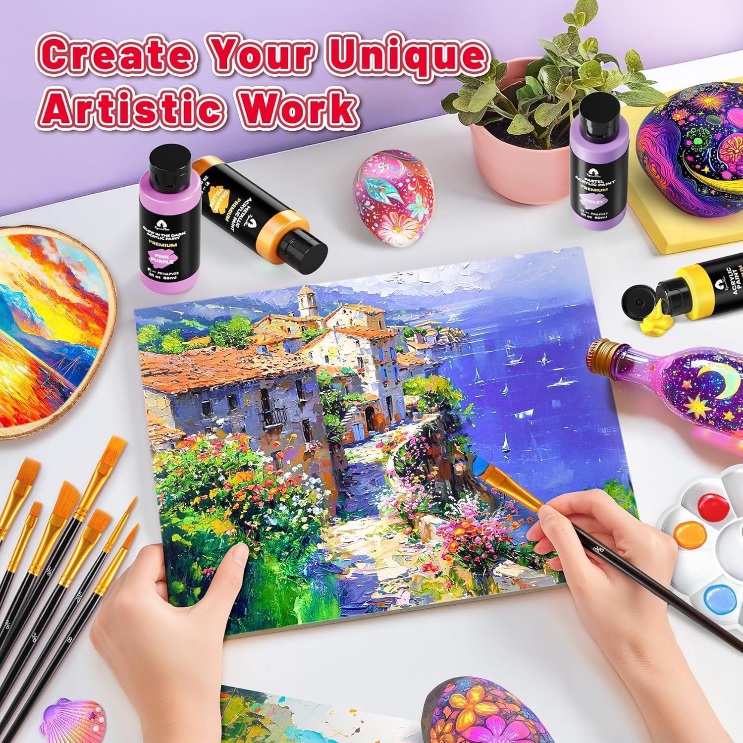 image52 Pcs Acrylic Paint Set  36 Colors 2oz60ml with 12 Brushes 2 Knives ampamp Palette  Rich Pigments for Adults Kids Artists ampamp Beginners  Painting on Halloween Pumpkin Canvas Ceramic Rock WoodMixed