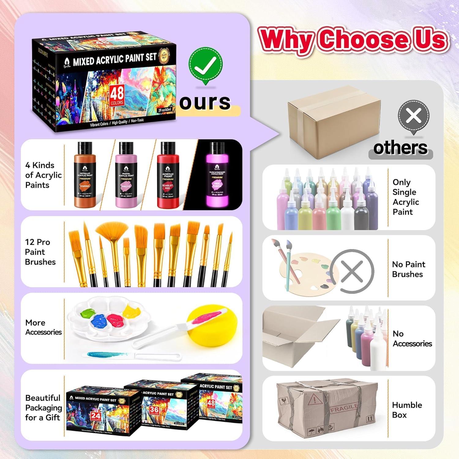 image52 Pcs Acrylic Paint Set  36 Colors 2oz60ml with 12 Brushes 2 Knives ampamp Palette  Rich Pigments for Adults Kids Artists ampamp Beginners  Painting on Halloween Pumpkin Canvas Ceramic Rock WoodMixed