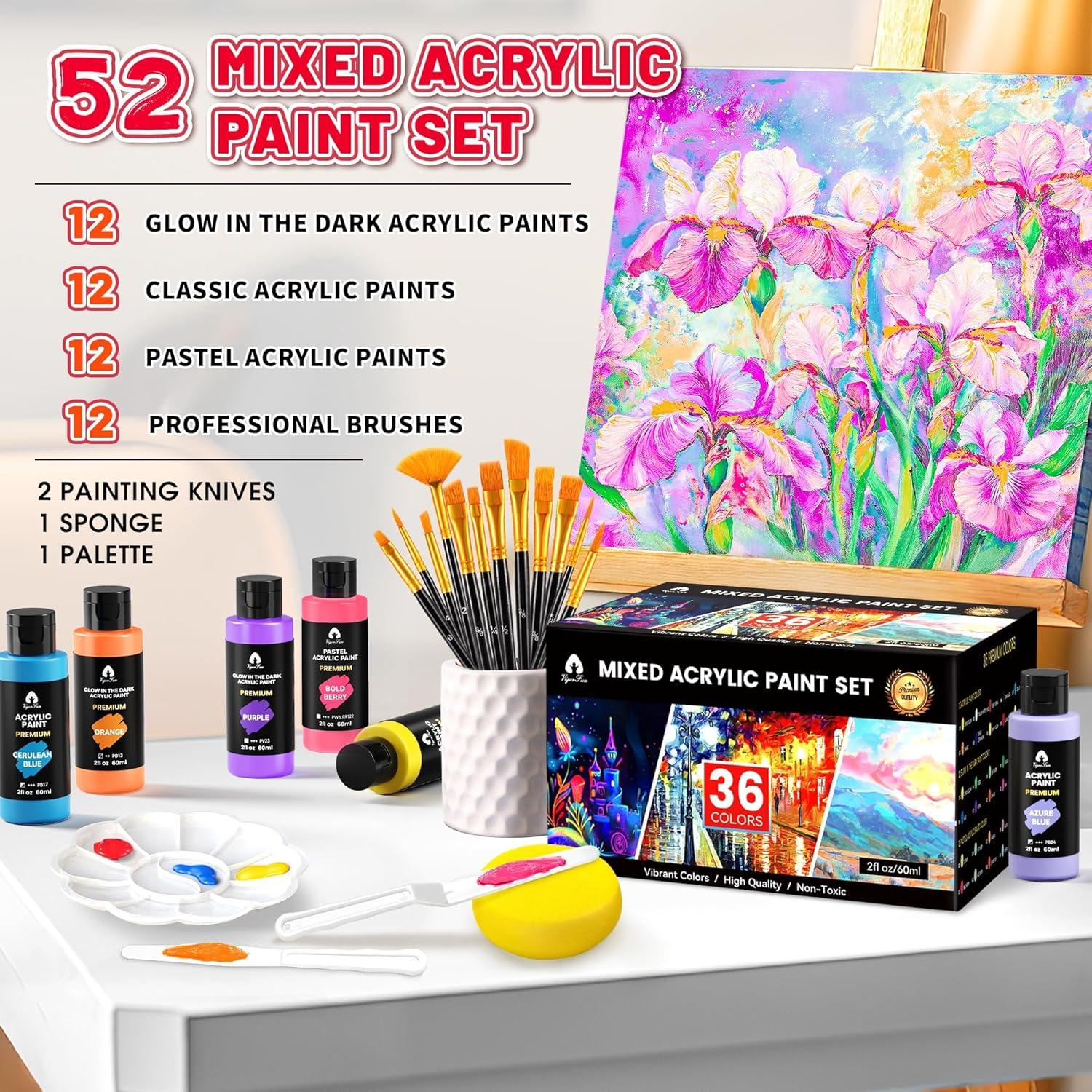 image52 Pcs Acrylic Paint Set  36 Colors 2oz60ml with 12 Brushes 2 Knives ampamp Palette  Rich Pigments for Adults Kids Artists ampamp Beginners  Painting on Halloween Pumpkin Canvas Ceramic Rock WoodMixed