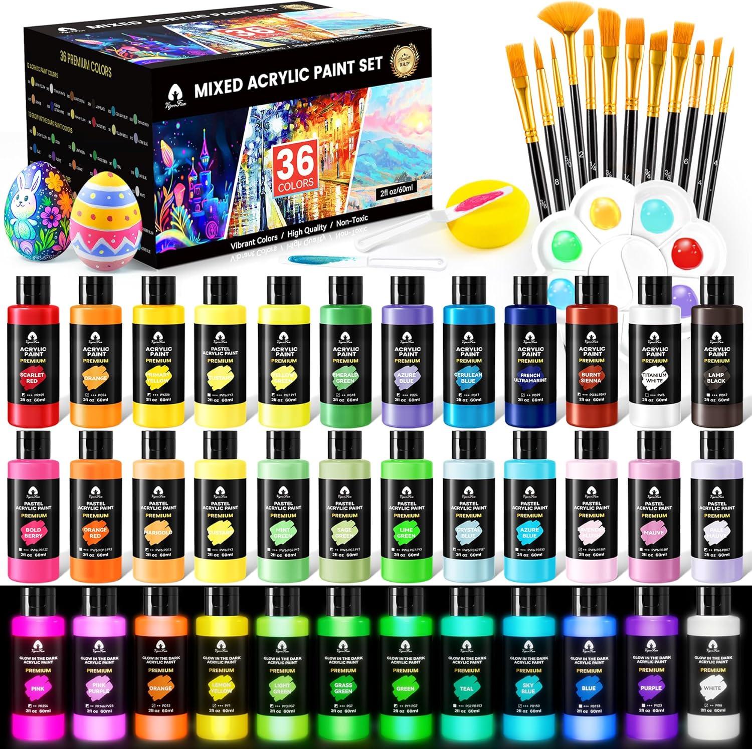 image52 Pcs Acrylic Paint Set  36 Colors 2oz60ml with 12 Brushes 2 Knives ampamp Palette  Rich Pigments for Adults Kids Artists ampamp Beginners  Painting on Halloween Pumpkin Canvas Ceramic Rock WoodMixed