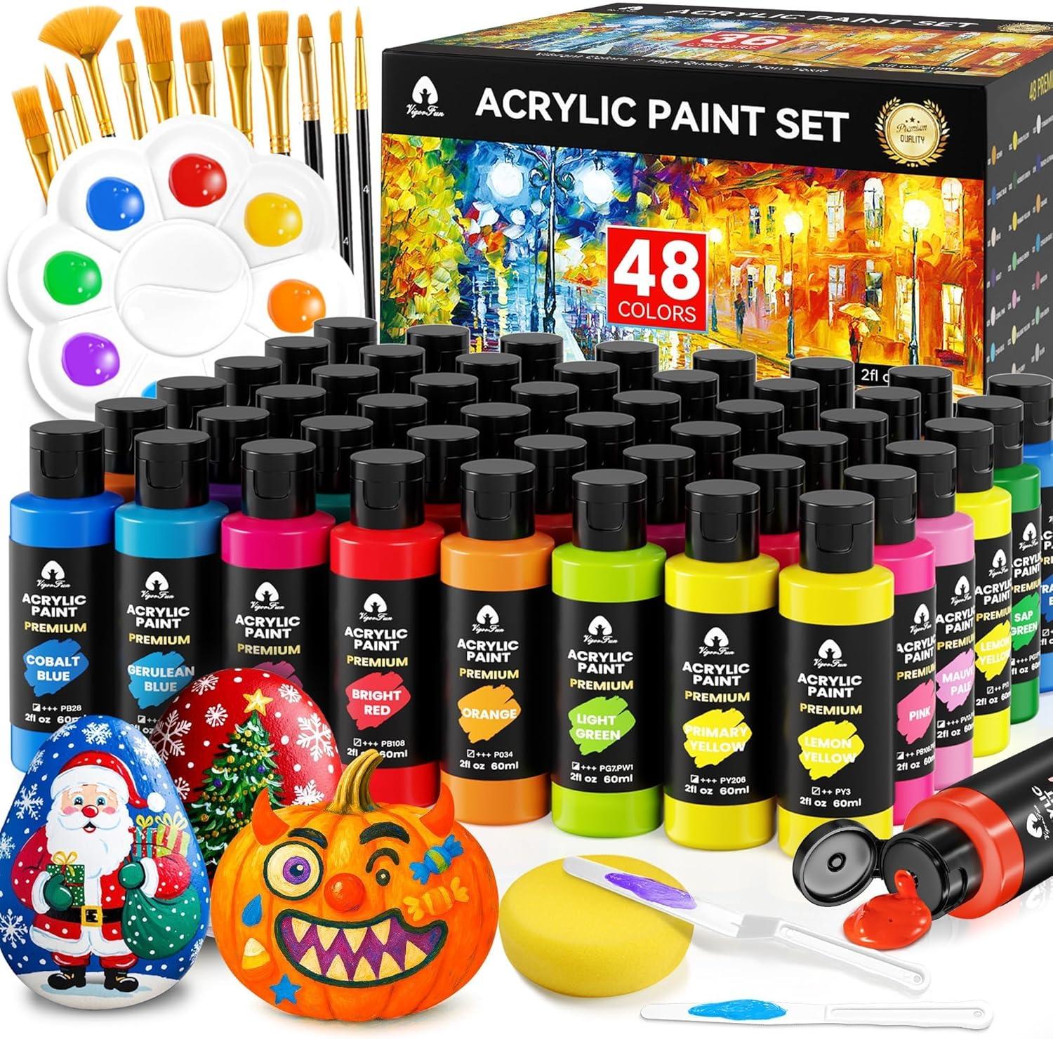 image52 Pcs Acrylic Paint Set  36 Colors 2oz60ml with 12 Brushes 2 Knives ampamp Palette  Rich Pigments for Adults Kids Artists ampamp Beginners  Painting on Halloween Pumpkin Canvas Ceramic Rock WoodClassic