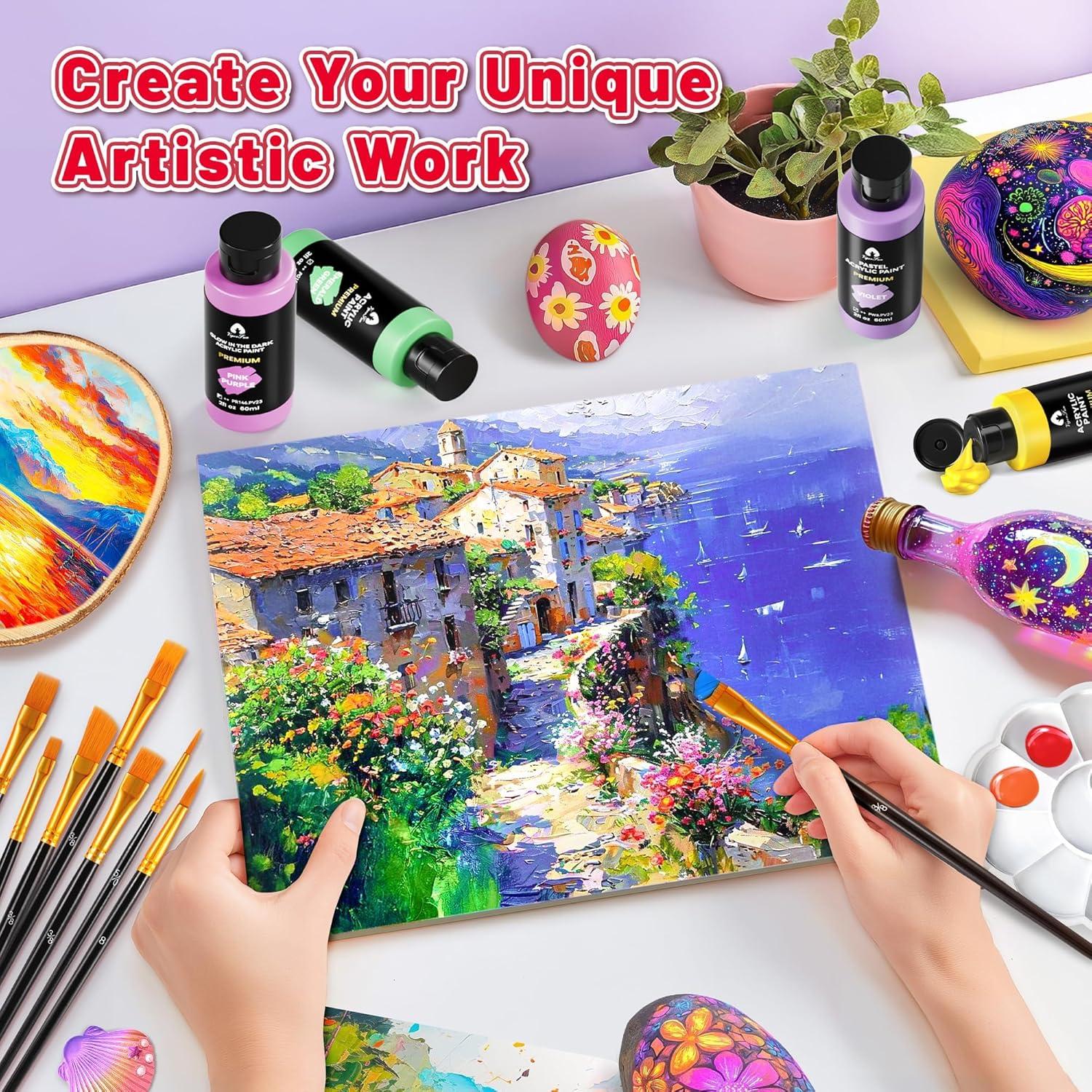 image52 Pcs Acrylic Paint Set  36 Colors 2oz60ml with 12 Brushes 2 Knives ampamp Palette  Rich Pigments for Adults Kids Artists ampamp Beginners  Painting on Halloween Pumpkin Canvas Ceramic Rock WoodMixed