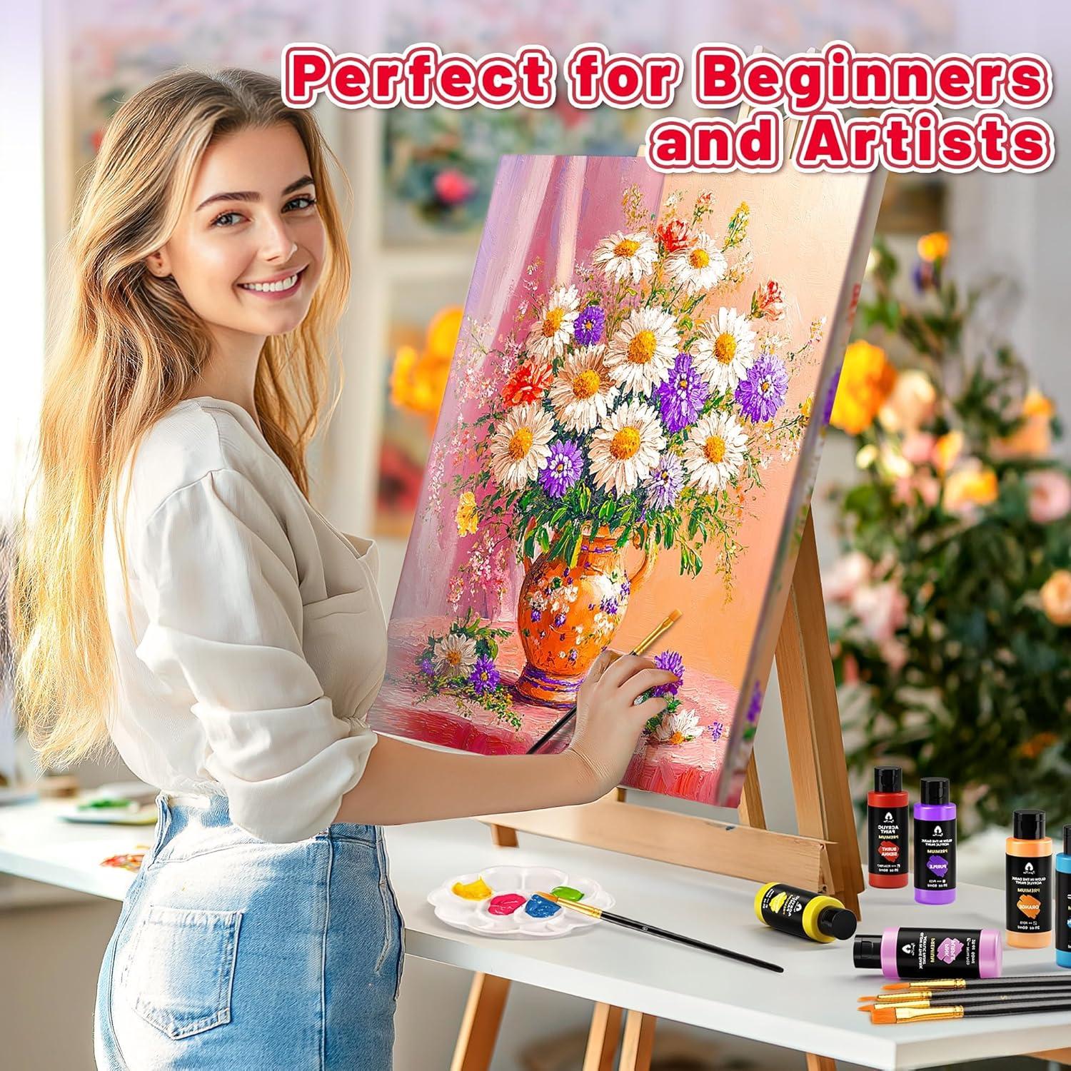 image52 Pcs Acrylic Paint Set  36 Colors 2oz60ml with 12 Brushes 2 Knives ampamp Palette  Rich Pigments for Adults Kids Artists ampamp Beginners  Painting on Halloween Pumpkin Canvas Ceramic Rock WoodMixed