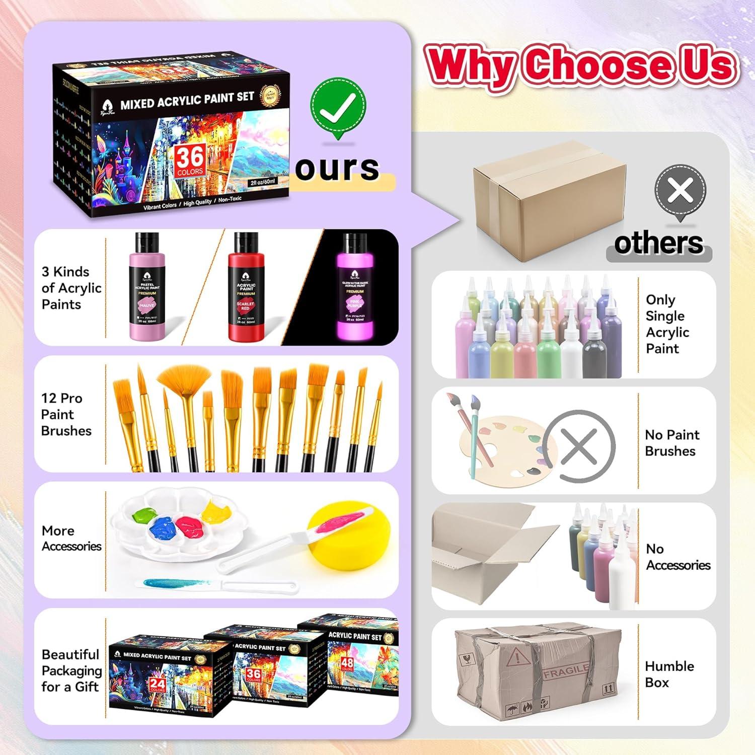 image52 Pcs Acrylic Paint Set  36 Colors 2oz60ml with 12 Brushes 2 Knives ampamp Palette  Rich Pigments for Adults Kids Artists ampamp Beginners  Painting on Halloween Pumpkin Canvas Ceramic Rock WoodMixed