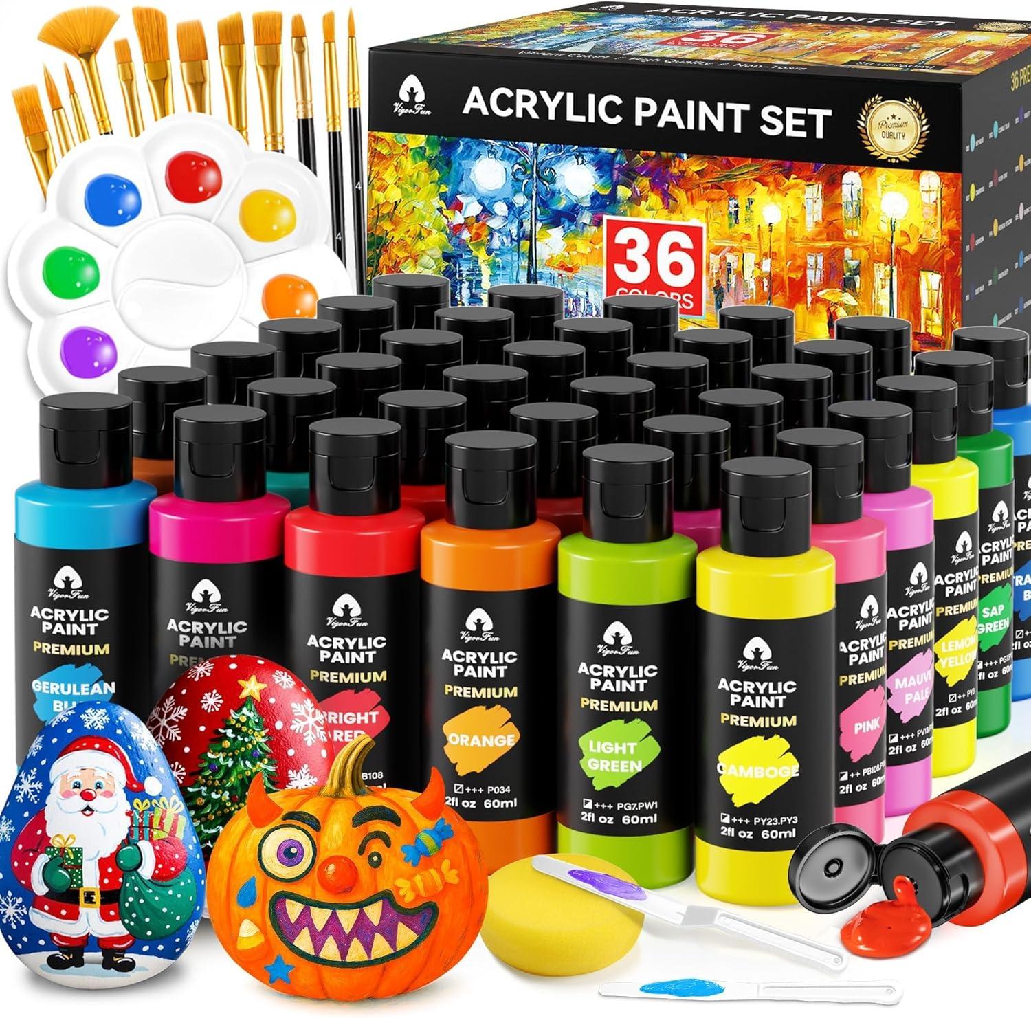 image52 Pcs Acrylic Paint Set  36 Colors 2oz60ml with 12 Brushes 2 Knives ampamp Palette  Rich Pigments for Adults Kids Artists ampamp Beginners  Painting on Halloween Pumpkin Canvas Ceramic Rock WoodClassic