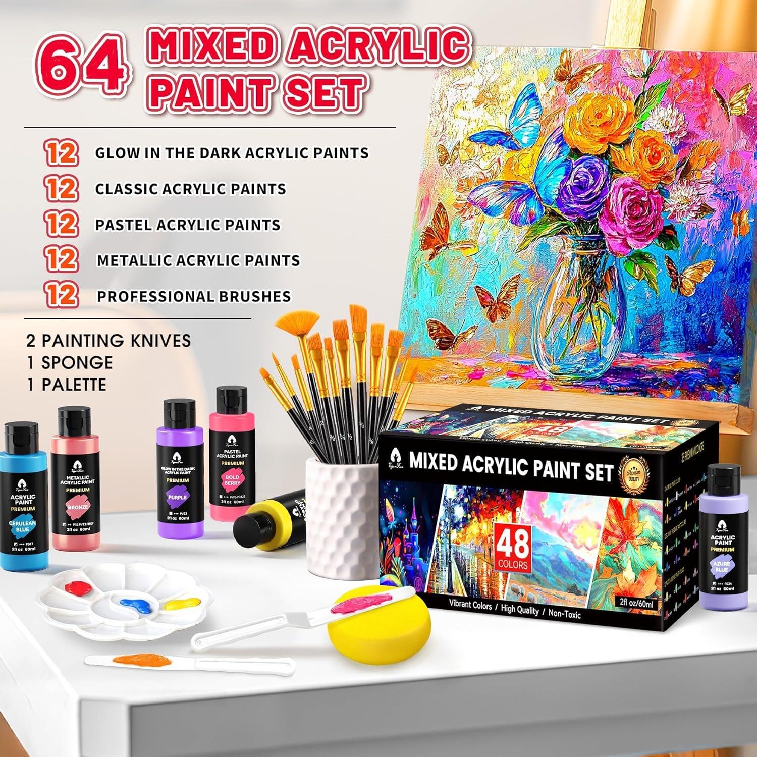 image52 Pcs Acrylic Paint Set  36 Colors 2oz60ml with 12 Brushes 2 Knives ampamp Palette  Rich Pigments for Adults Kids Artists ampamp Beginners  Painting on Halloween Pumpkin Canvas Ceramic Rock WoodMixed