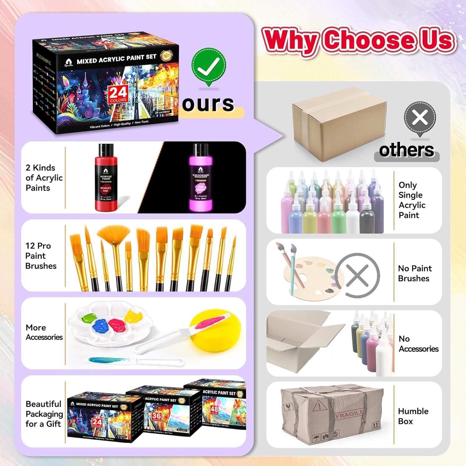 image52 Pcs Acrylic Paint Set  36 Colors 2oz60ml with 12 Brushes 2 Knives ampamp Palette  Rich Pigments for Adults Kids Artists ampamp Beginners  Painting on Halloween Pumpkin Canvas Ceramic Rock WoodMixed