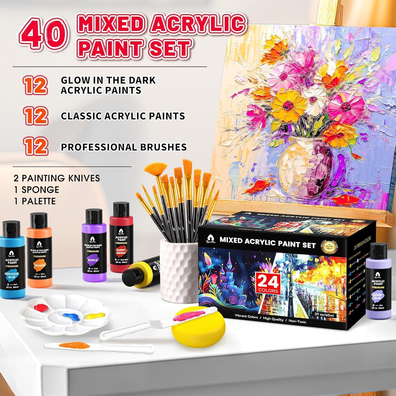 image52 Pcs Acrylic Paint Set  36 Colors 2oz60ml with 12 Brushes 2 Knives ampamp Palette  Rich Pigments for Adults Kids Artists ampamp Beginners  Painting on Halloween Pumpkin Canvas Ceramic Rock WoodMixed