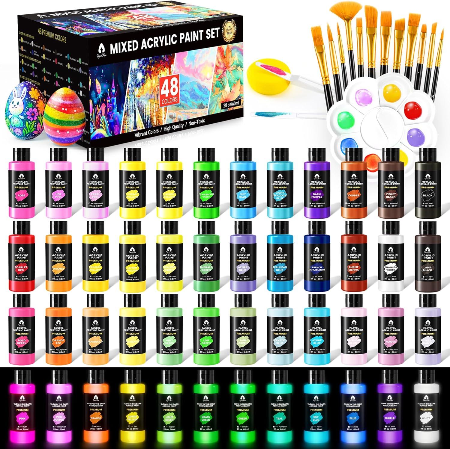 image52 Pcs Acrylic Paint Set  36 Colors 2oz60ml with 12 Brushes 2 Knives ampamp Palette  Rich Pigments for Adults Kids Artists ampamp Beginners  Painting on Halloween Pumpkin Canvas Ceramic Rock WoodMixed