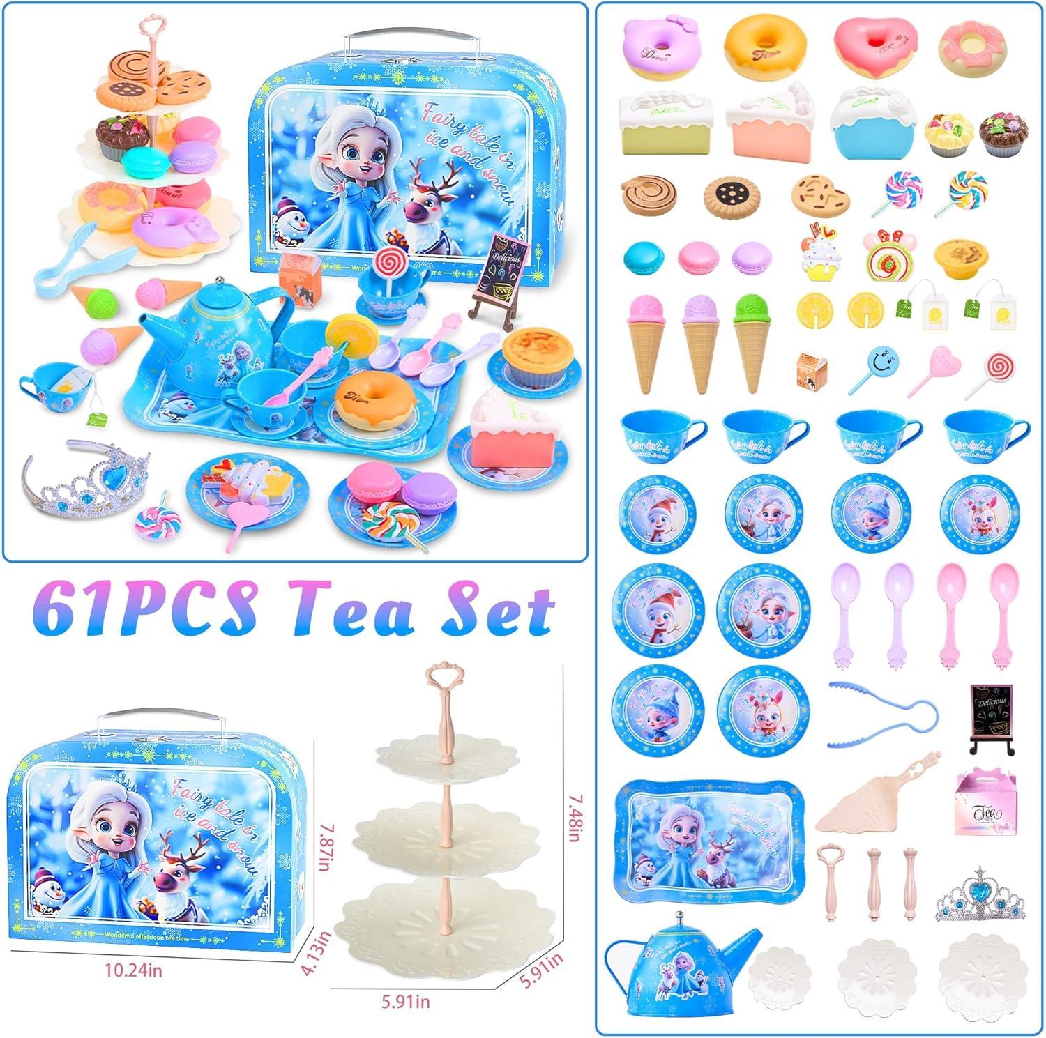 image61Pcs Tea Party Set for Little Girls Dreamland World Tea Set Toys Including Dessert Cake Stand ampamp Carrying Case Kids Kitchen Pretend Play for 3 4 5 6 Year Old Girl Birthday GiftsIce and Snow With Cake Stand