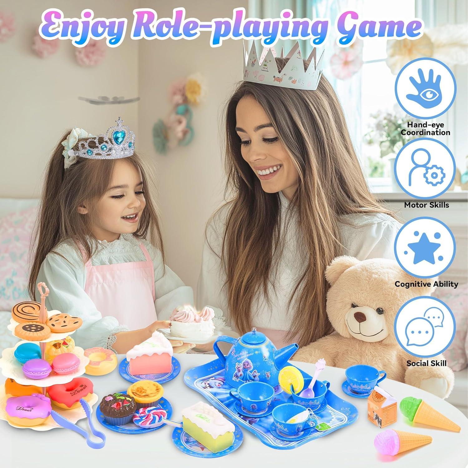 image61Pcs Tea Party Set for Little Girls Dreamland World Tea Set Toys Including Dessert Cake Stand ampamp Carrying Case Kids Kitchen Pretend Play for 3 4 5 6 Year Old Girl Birthday GiftsIce and Snow With Cake Stand