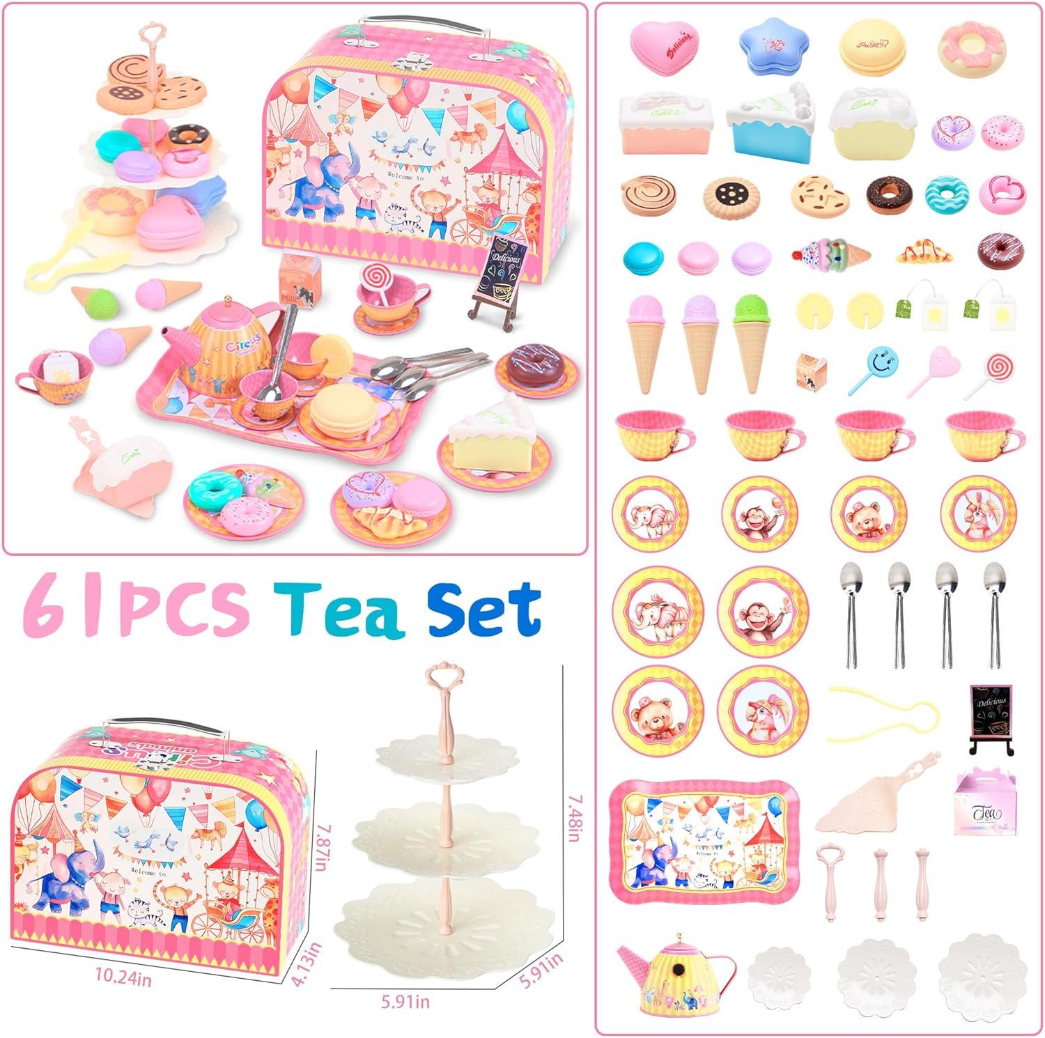 image61Pcs Tea Party Set for Little Girls Dreamland World Tea Set Toys Including Dessert Cake Stand ampamp Carrying Case Kids Kitchen Pretend Play for 3 4 5 6 Year Old Girl Birthday GiftsCircus Animals With Cake Stand
