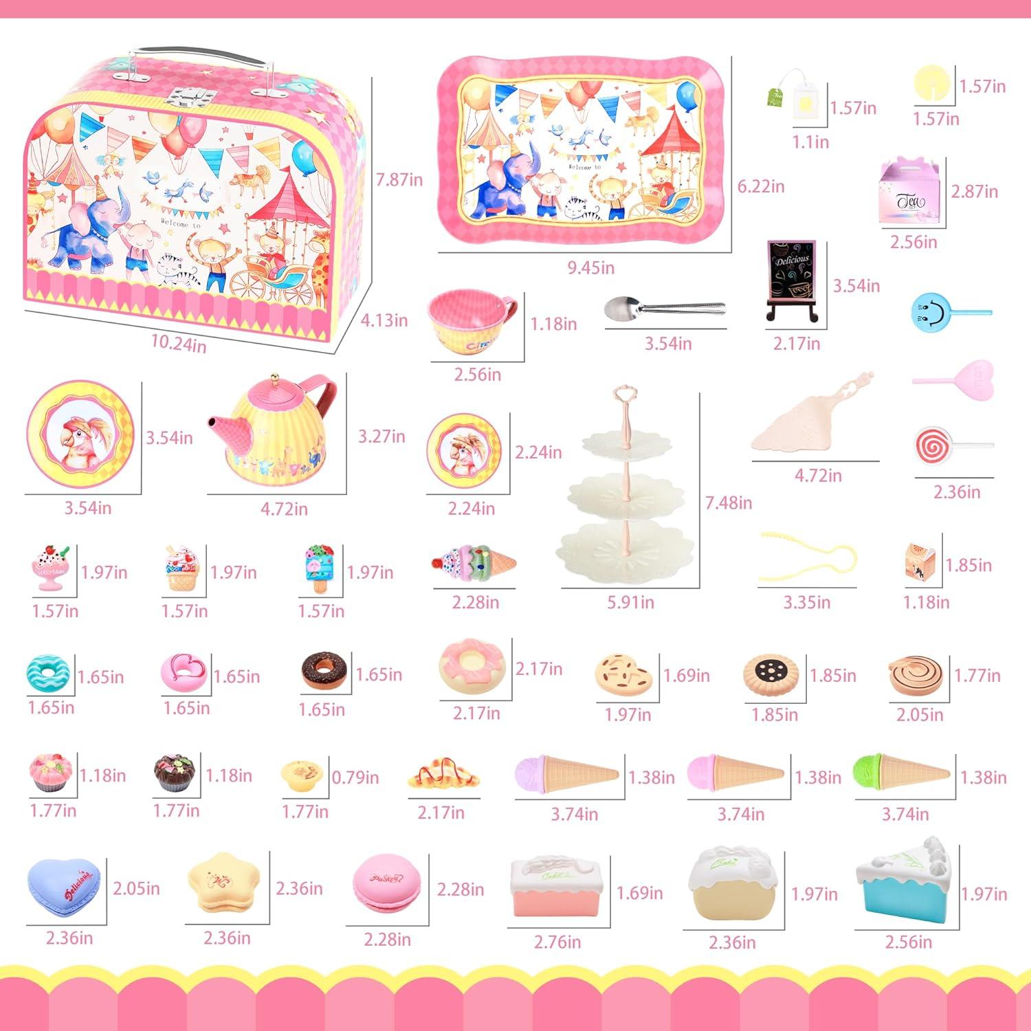 image61Pcs Tea Party Set for Little Girls Dreamland World Tea Set Toys Including Dessert Cake Stand ampamp Carrying Case Kids Kitchen Pretend Play for 3 4 5 6 Year Old Girl Birthday GiftsCircus Animals With Cake Stand